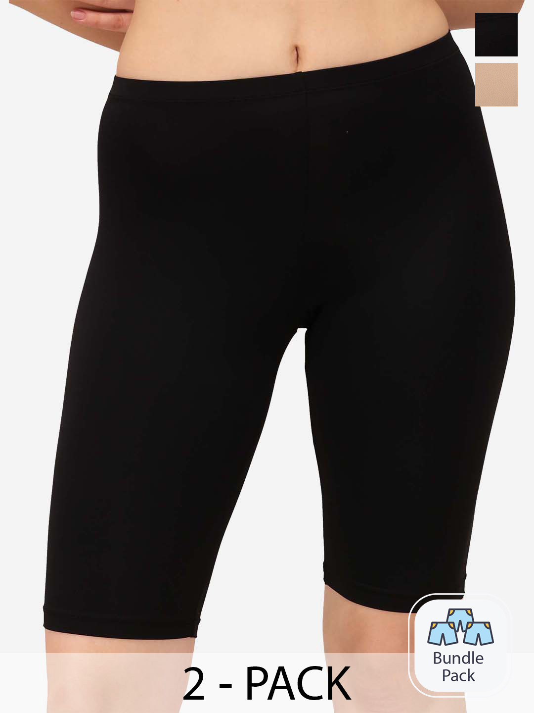 Soie Women Mid Rise Soft Polyamide Spandex Knee Length Cycling shorts-Pack of 2