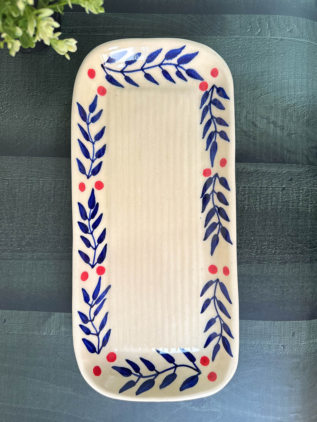 CasaTrunk Cream-Coloured & Blue Printed Ceramic Rectangular Food Platter