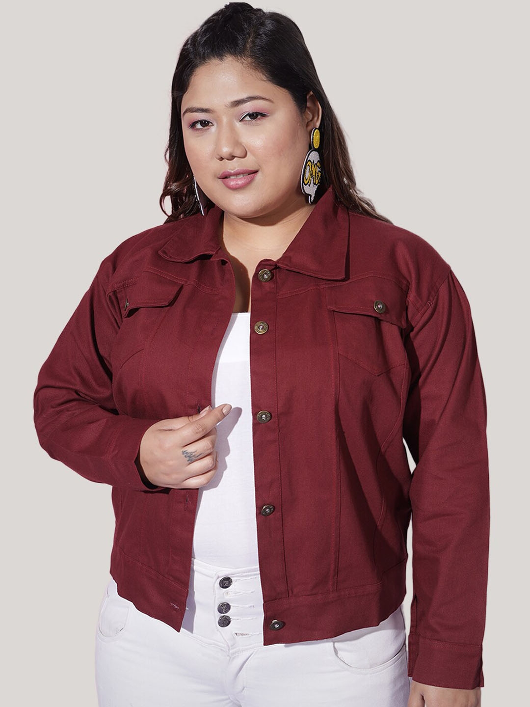 Womens plus size red best sale denim jacket