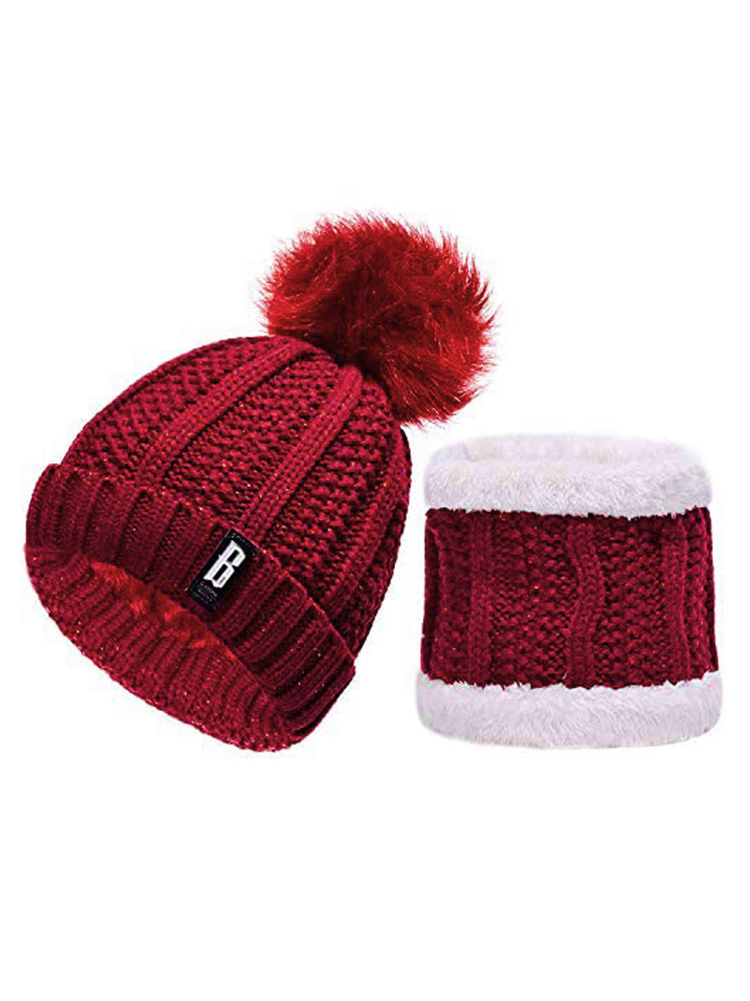 Aadikart Women Self Design Fleece Lined Wool Beanie & Neck Scarve