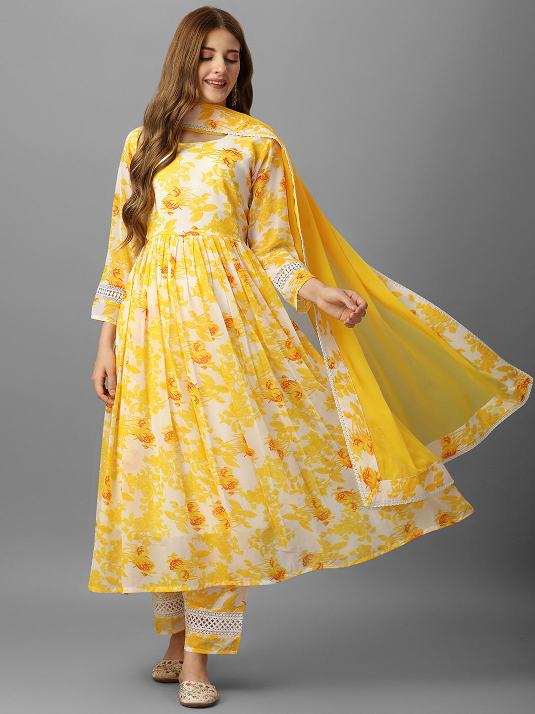 ASPORA Floral Printed Anarkali Georgette Kurta With Palazzos & Dupatta