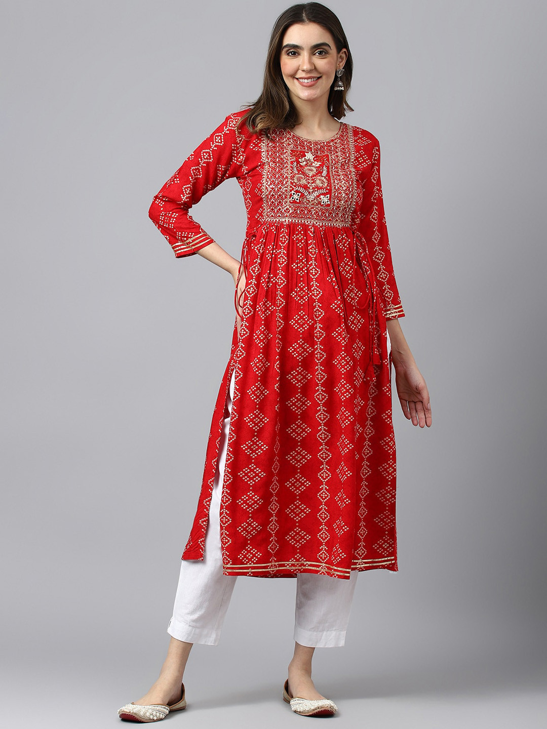 Ishin Red Geometric Printed Thread Work Kurta