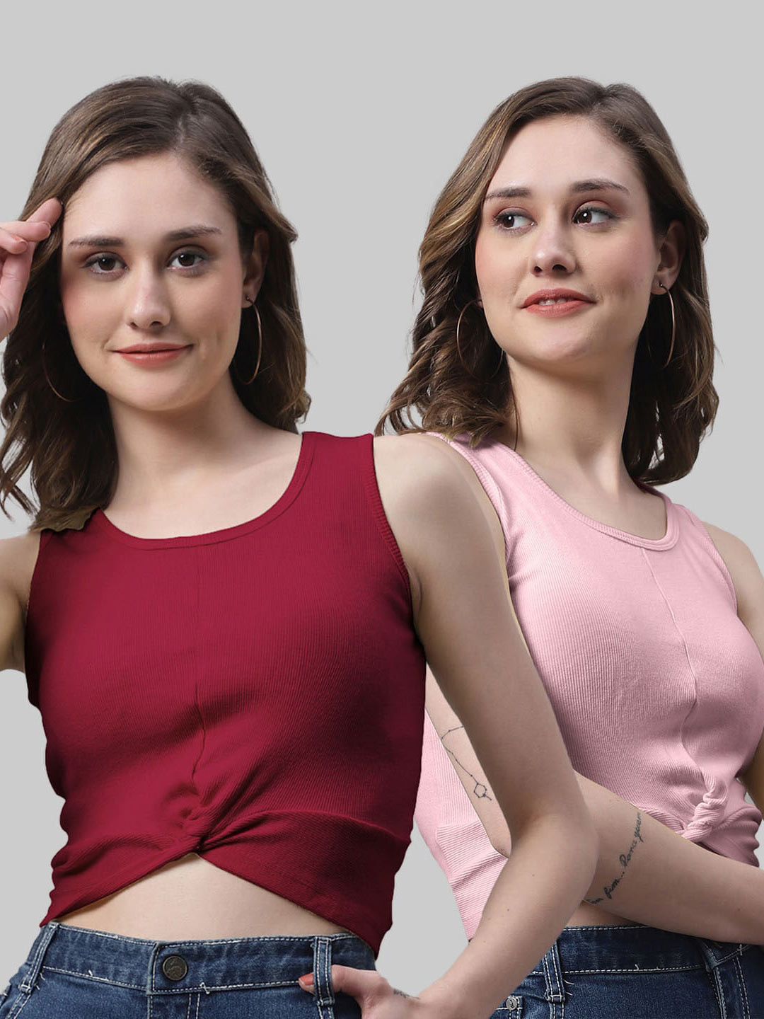 FBARPack Of 2 Round Neck Twisted Detail Cotton Rib Crop Tops