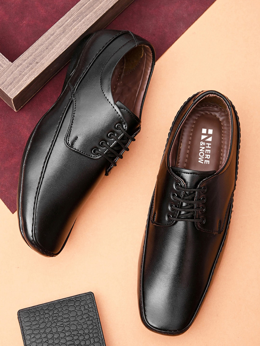 HERE&NOW Men Black Square Toe Formal Derbys