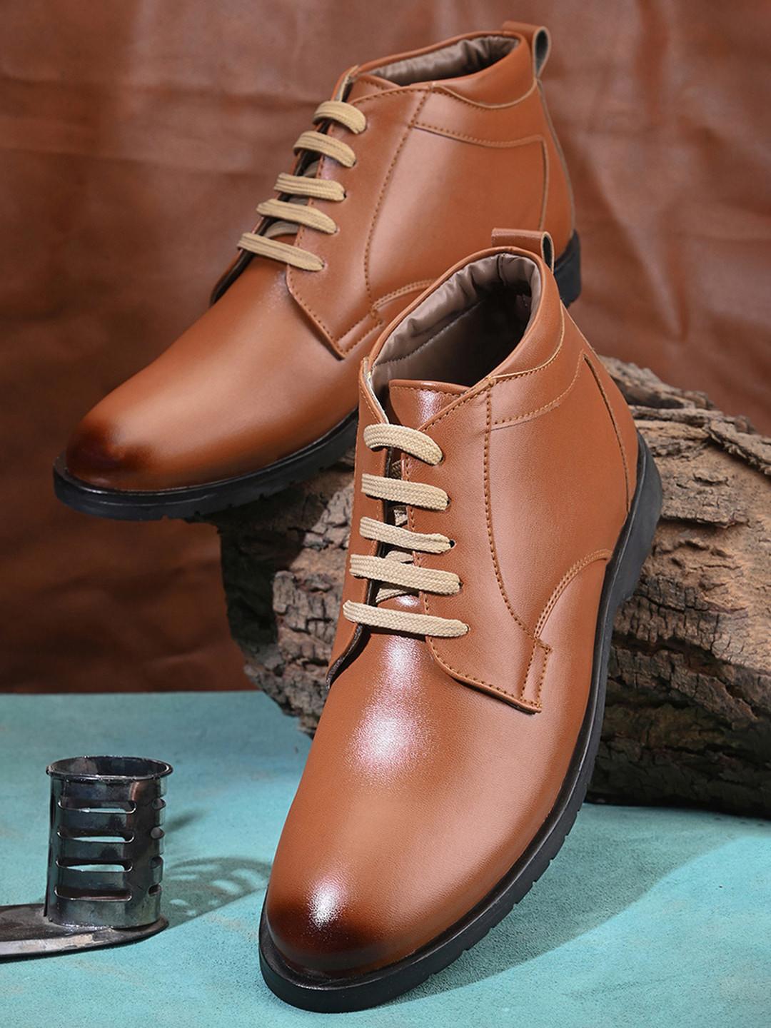 HERE&NOW Men Tan Lace-Up Biker Boots