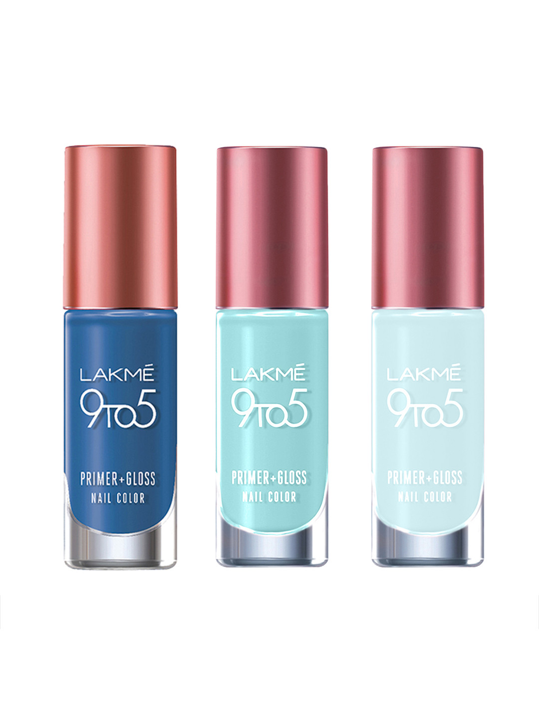 Lakme Set of 3 9to5 Primer + Gloss Nail Color 6ml Each - Sky Blue + Sea Blue + Indigo Ink