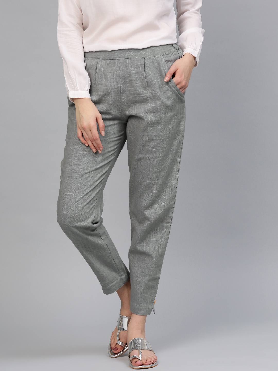 Buy Jaipur Kurti Women Grey Solid Casual Trousers - Trousers for Women  2339838