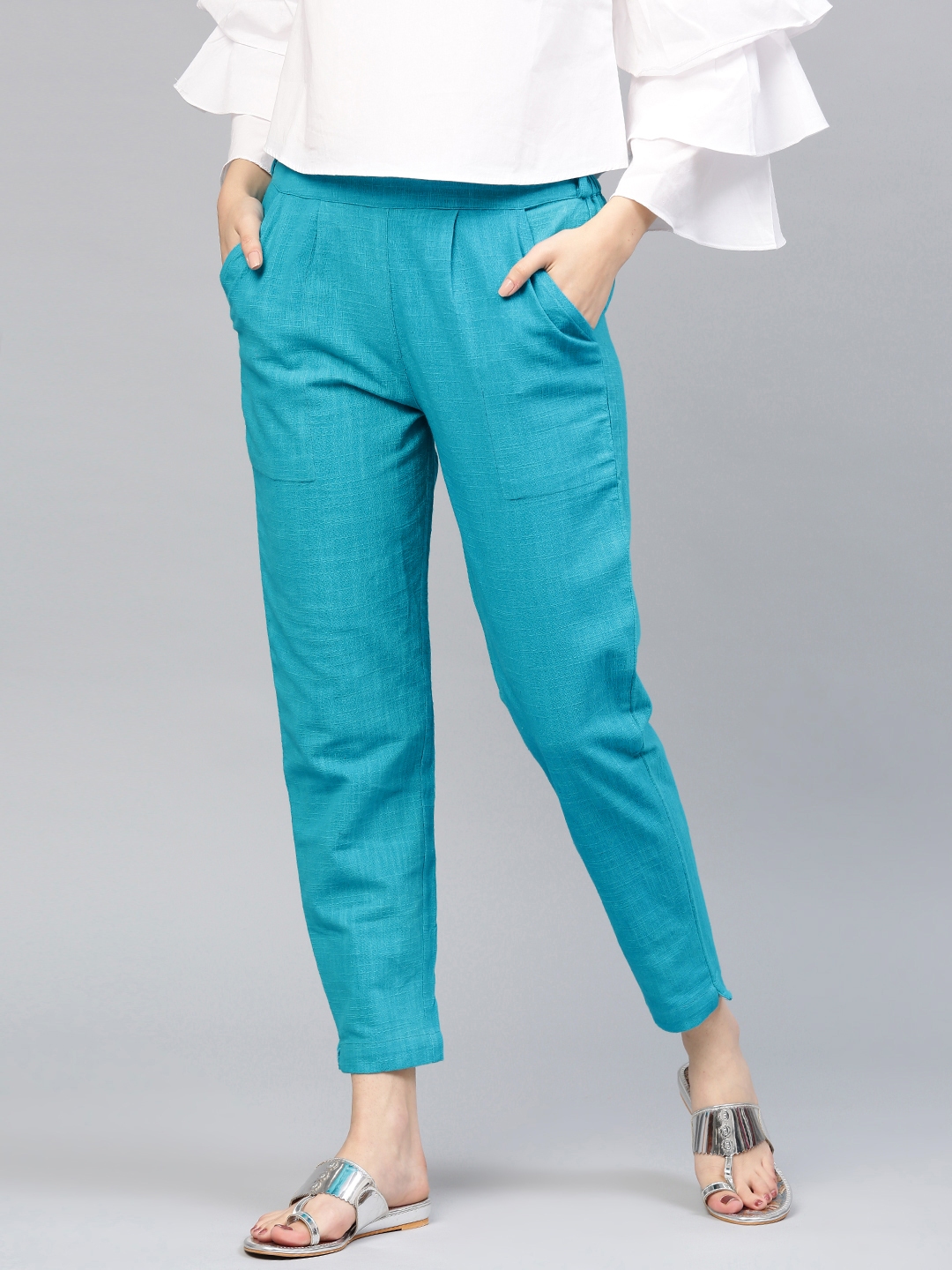 Women Turquoise Blue Relaxed Loose Fit HighRise Trousers  Shop Rue  Collection