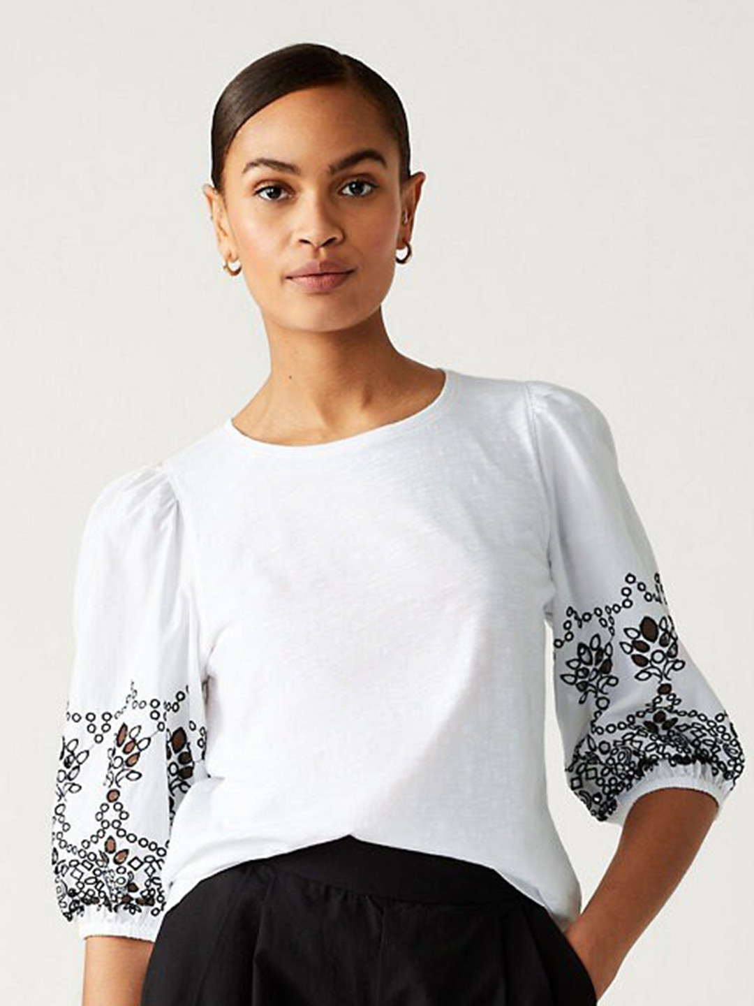Marks & Spencer Embroidered Puff Sleeves Pure Cotton Top