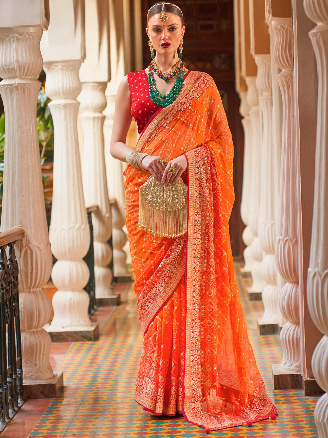 Anouk Orange & Red Bandhani Beads and Stones Pure Georgette Saree