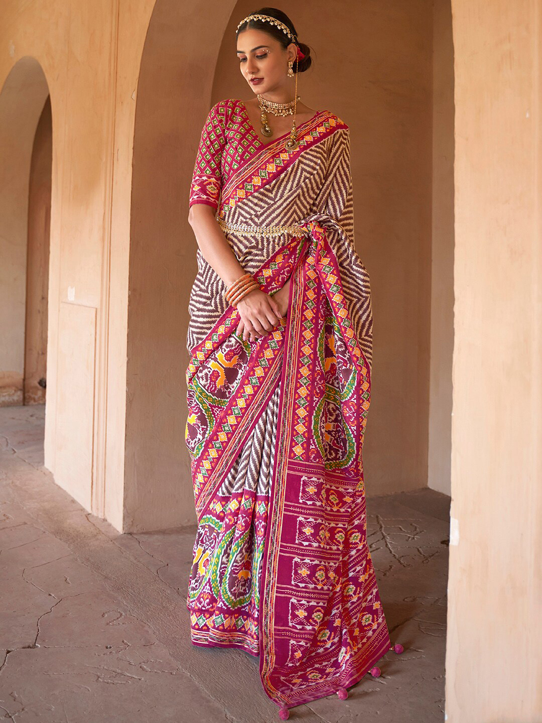 Anouk Brown & Pink Chevron Beads and Stones Patola Saree