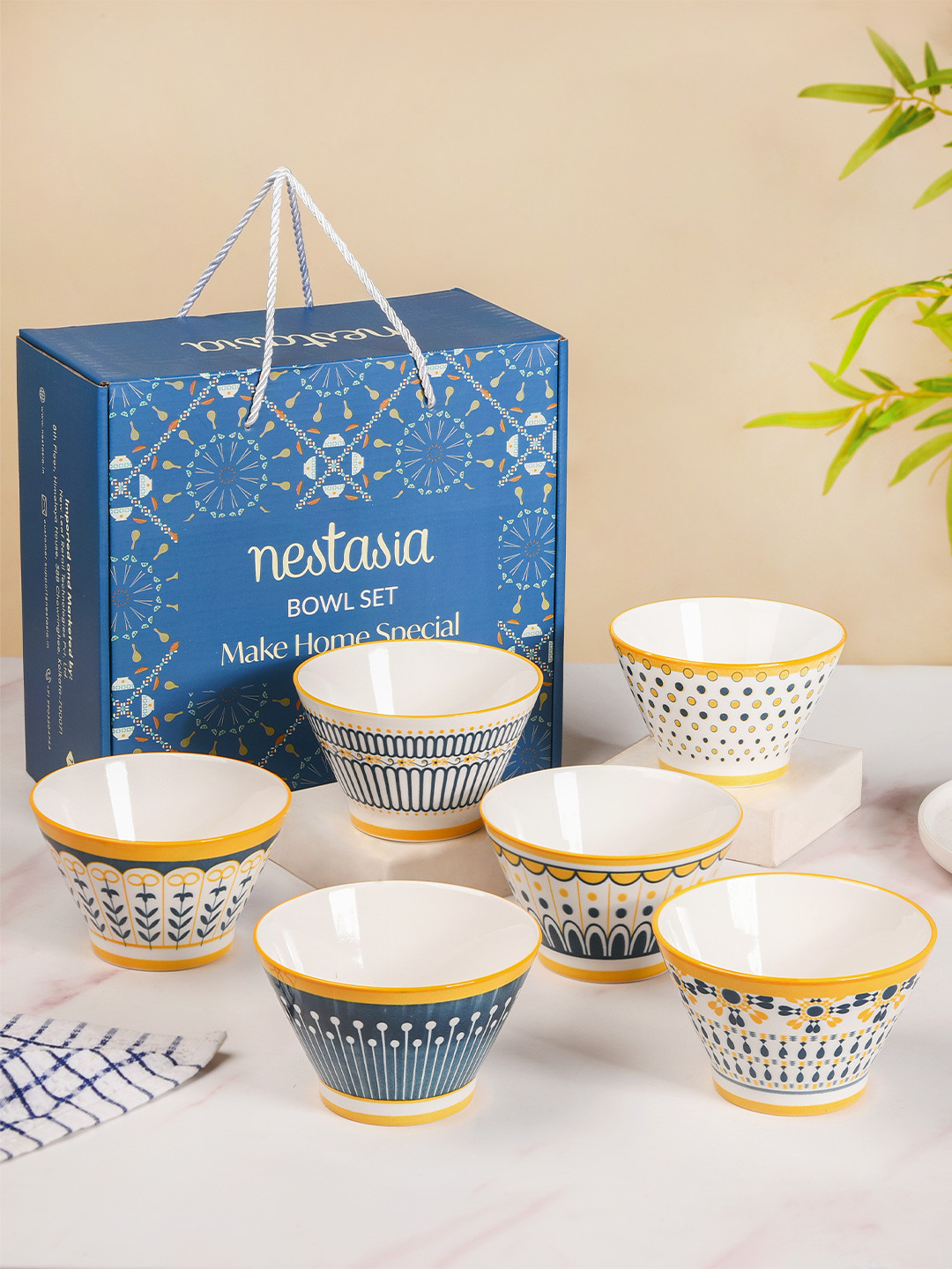 Nestasia White & Yellow 6 Pieces Printed Ceramic Glossy Bowls - 360 ML each