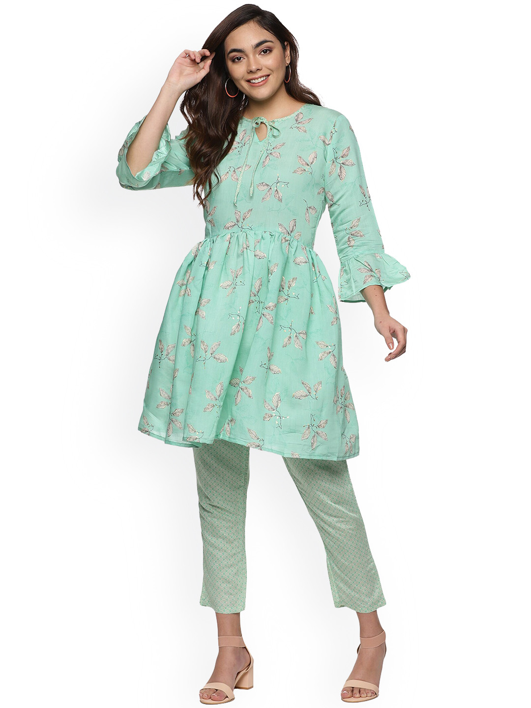 Rhey Floral Printed Key Hole Neck A-Lien Kurti With Trousers