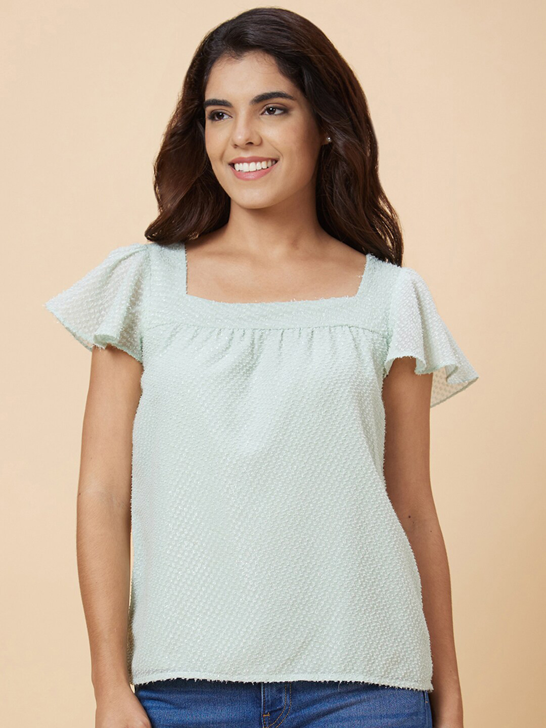 Globus Mint Green Self Design Square Neck Flared Sleeves Top