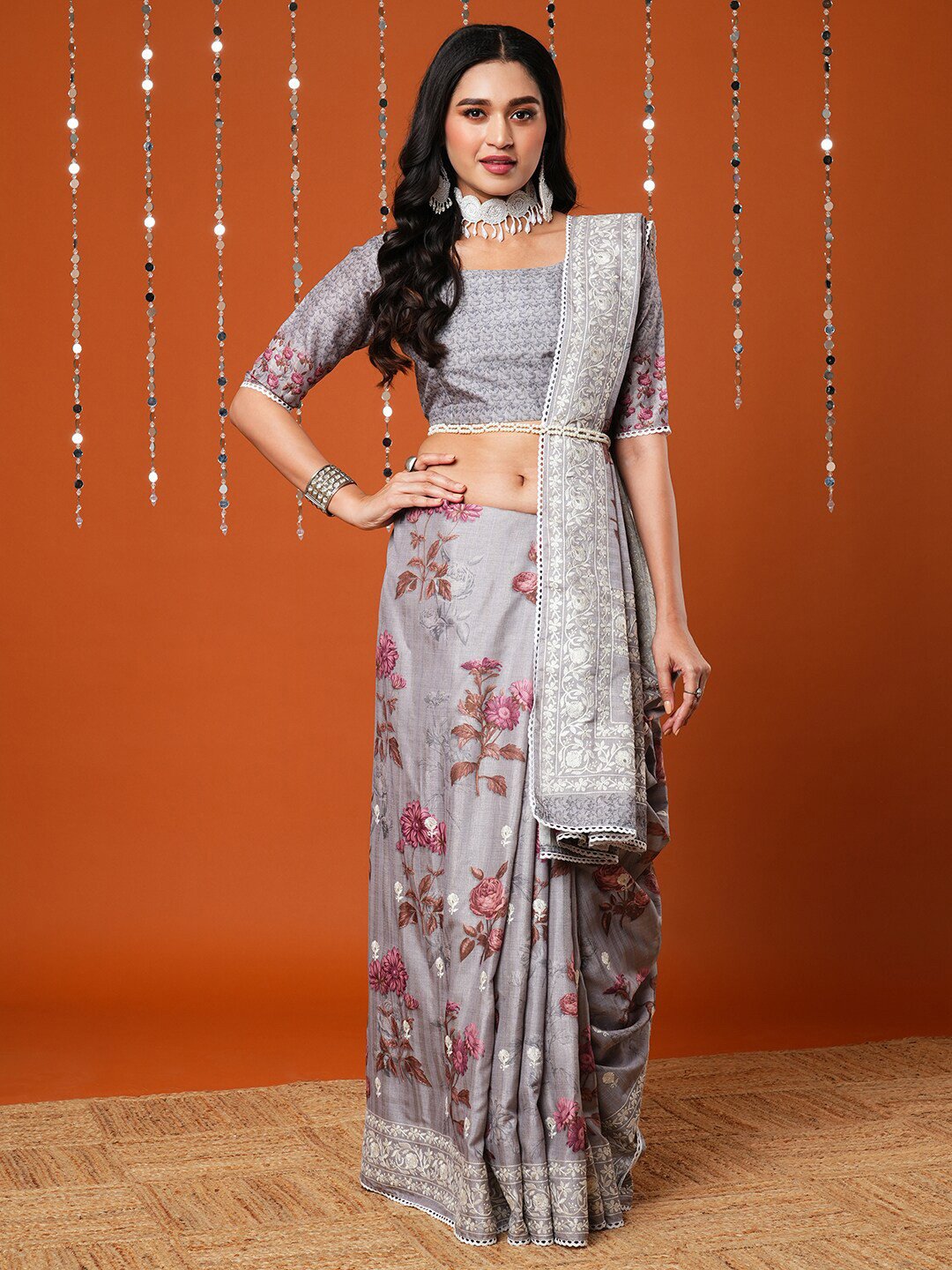 Anouk Grey & Pink Floral Printed Embroidered Art Silk Saree