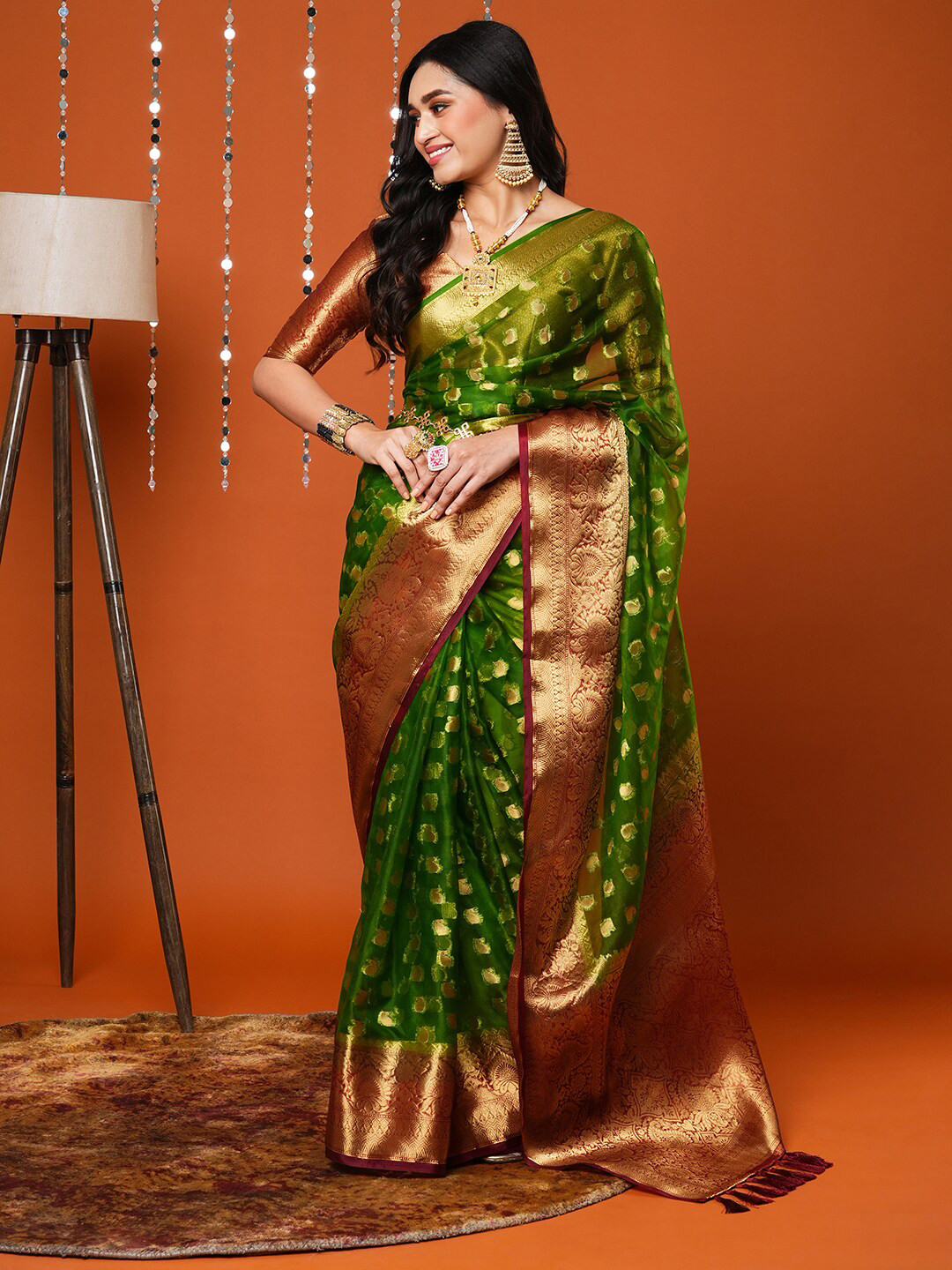 Anouk Green Paisley Woven Design Zari Organza Banarasi Saree