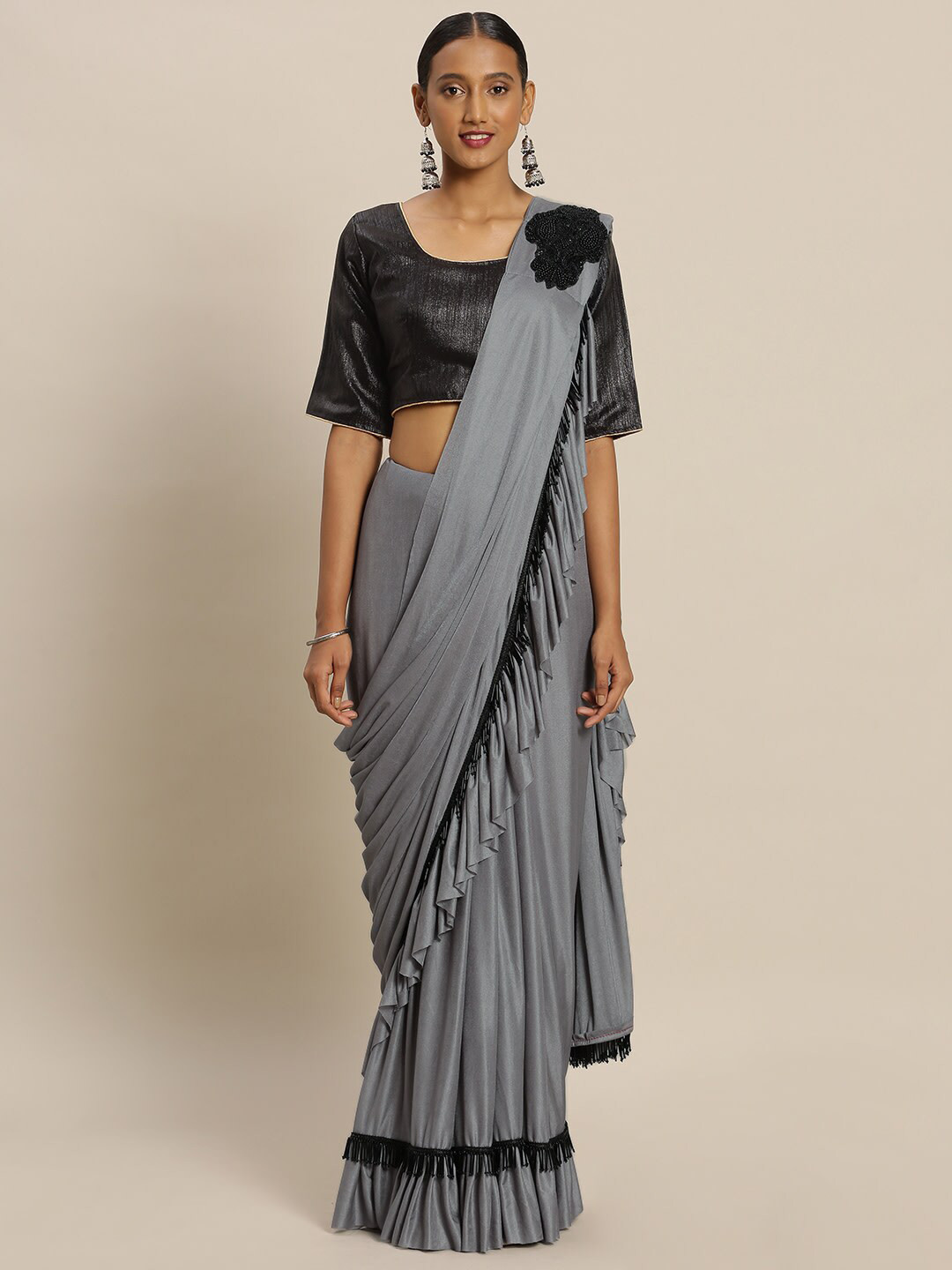 Sangria Grey Beads and Stones Ruffle Frill Saree