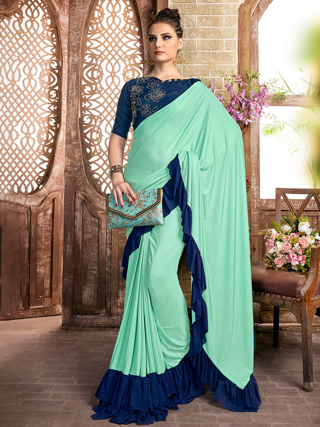 Sangria Green Ruffle Ready To Wear Saree