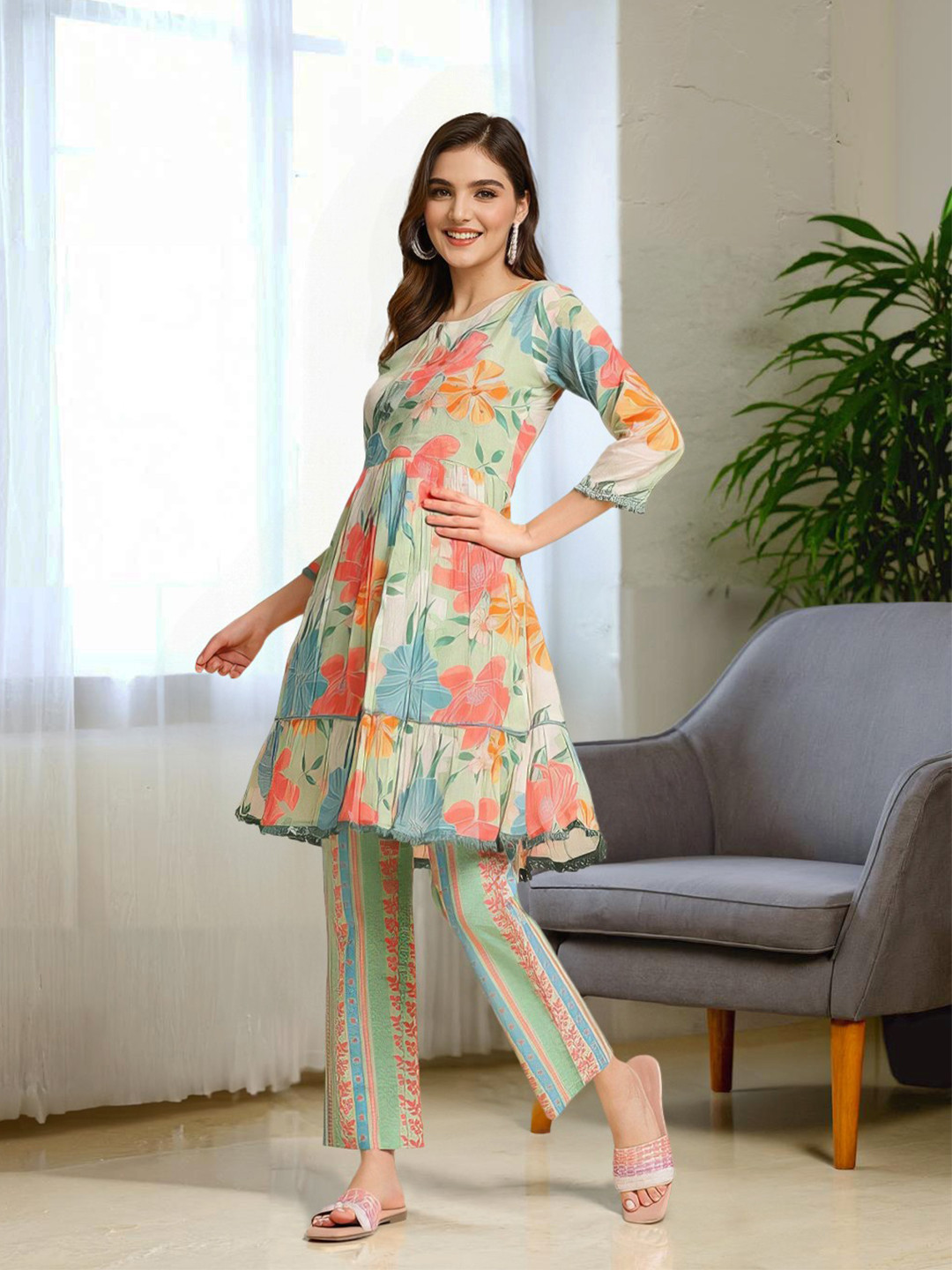 Ishin Floral Green Printed Pure Cotton Empire Kurta With Trousers