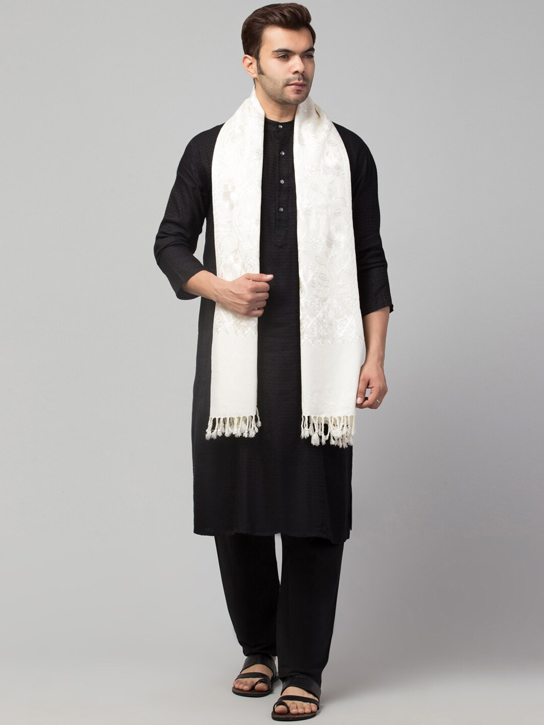 Tweedle Silk Thread Embroidered Pure Cashmelon Stole