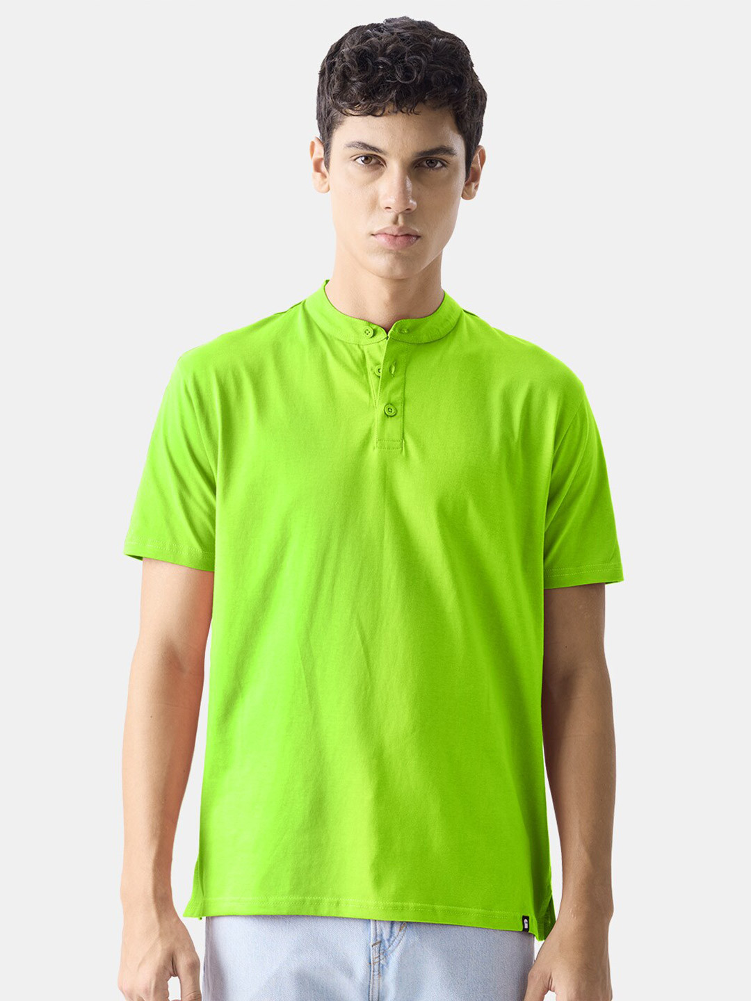 The Souled Store Green Henley Neck Cotton T-shirt