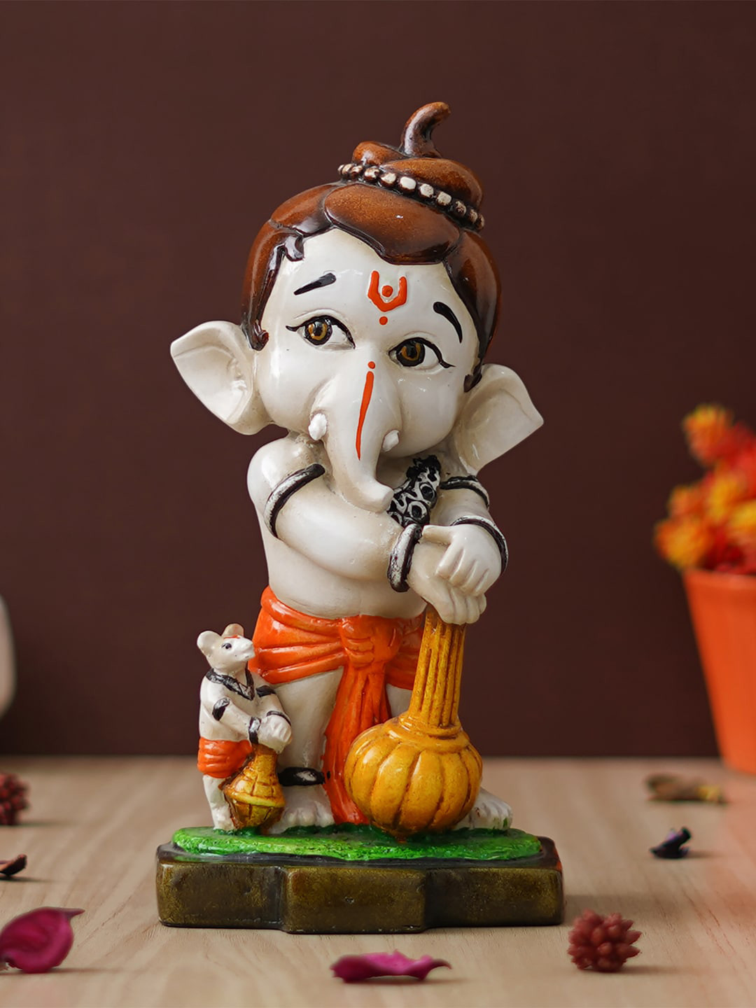 eCraftIndia Standing Lord Ganesha and Mouse with Gada (Mace) Off White Polyresin Matte Prayer Room Medium Showpiece - 9.4 Inches