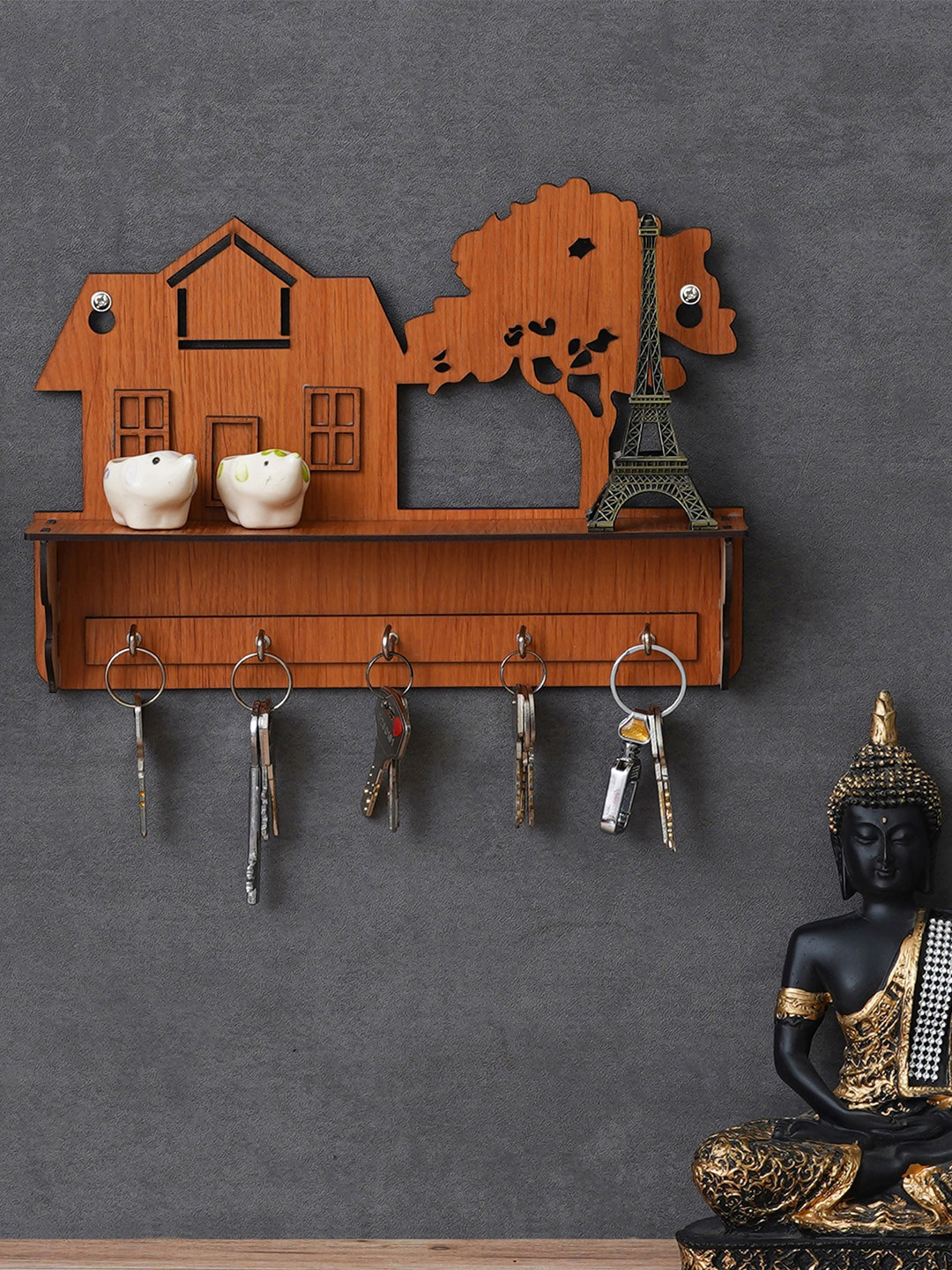 eCraftIndia Brown Carved House Tree 5 Hooks Wooden Key Holder With A Shelf