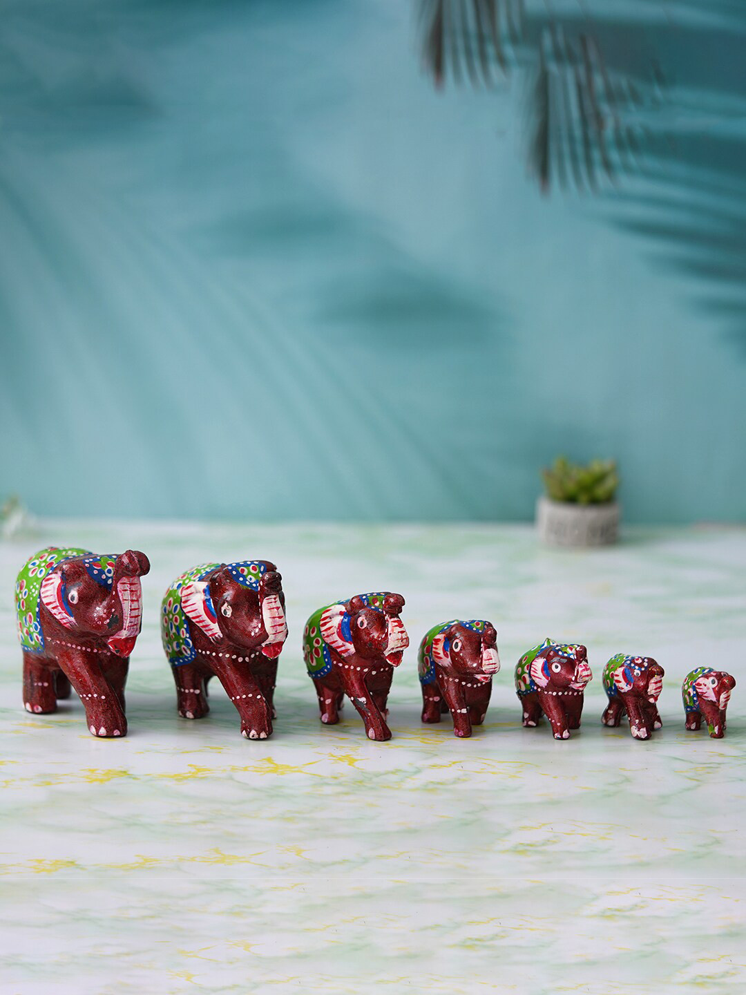 eCraftIndia Elephant Red Polyresin Glossy Living Room Set of 7 Small Showpieces - 1.4 Inches