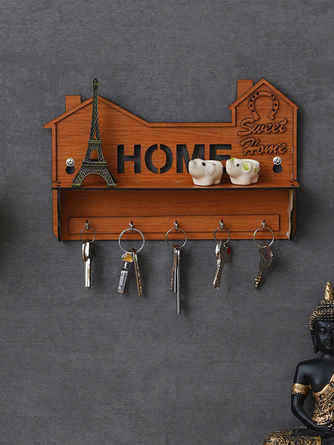 eCraftIndia Brown Home Carved 5 Hooks Wooden Key Holder With A Shelf