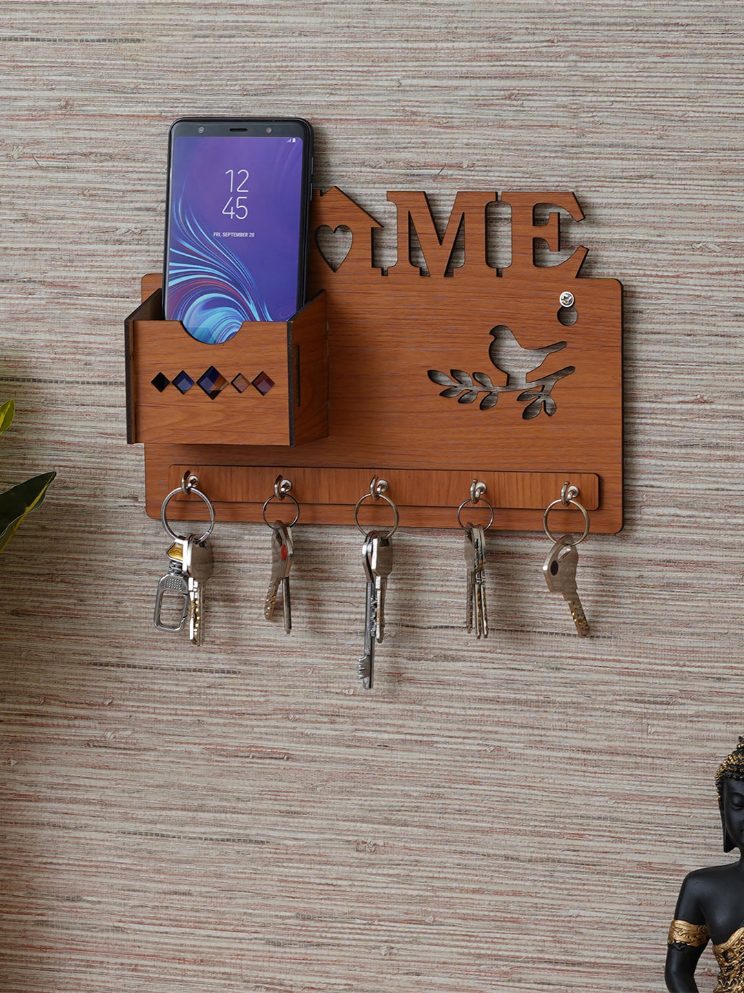 eCraftIndia Brown Home & Birds Sitting On Branch Carved 5 Hooks Wooden Key Holder