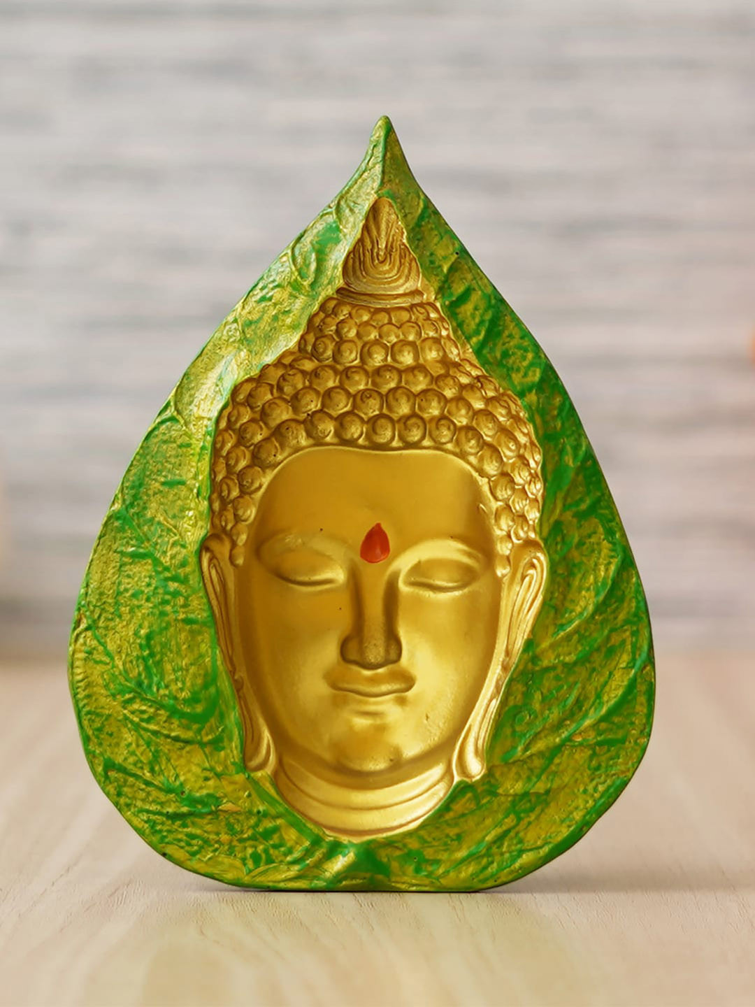 eCraftIndia Lord Gautam Buddha On Leaf Gold Polyresin Natural Living Room Hand-Crafted Small Showpiece - 1.2 Inches