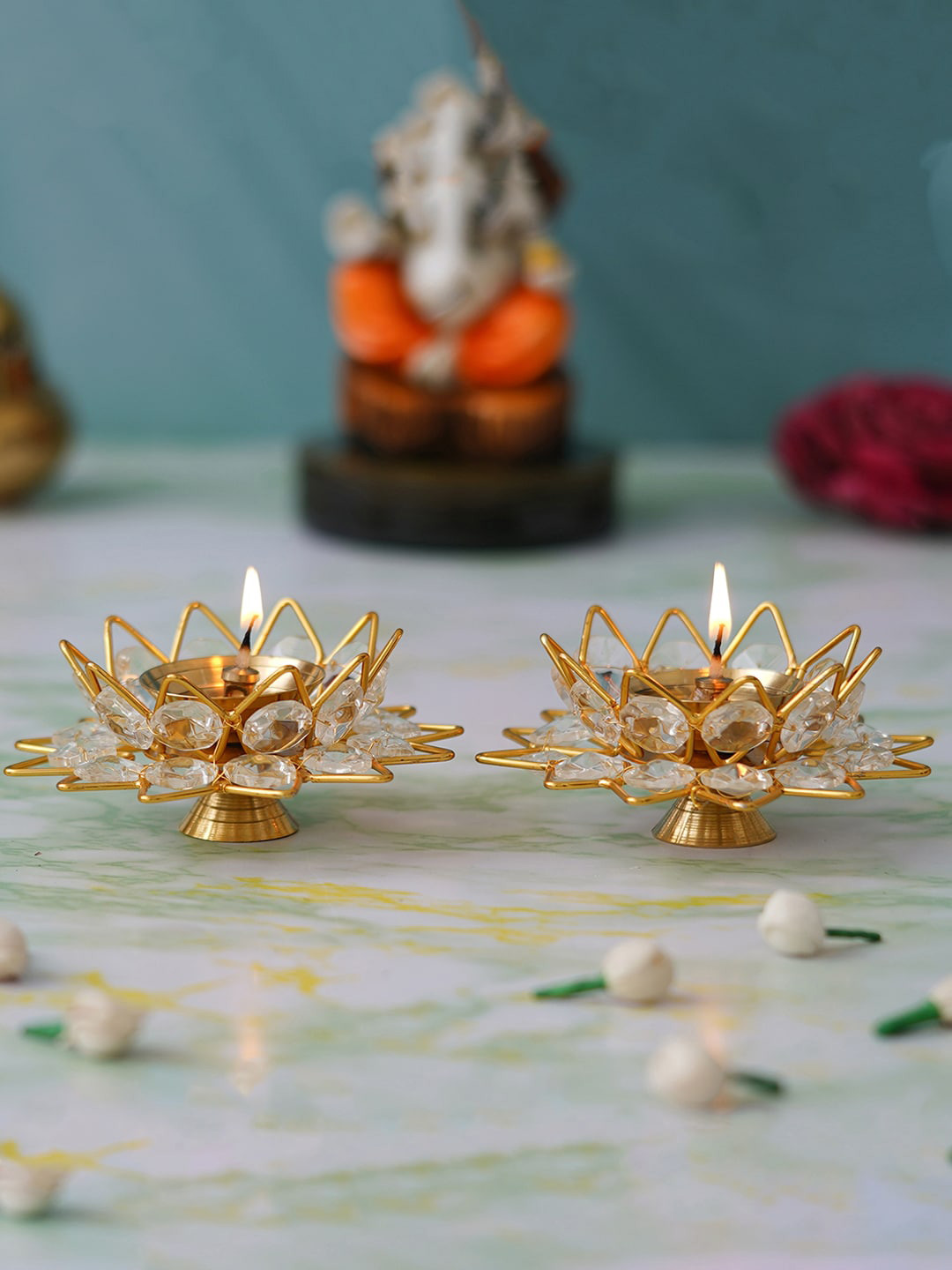 eCraftIndia Gold-Toned & White 2 Pieces Crystal Lotus Shape Brass Diyas