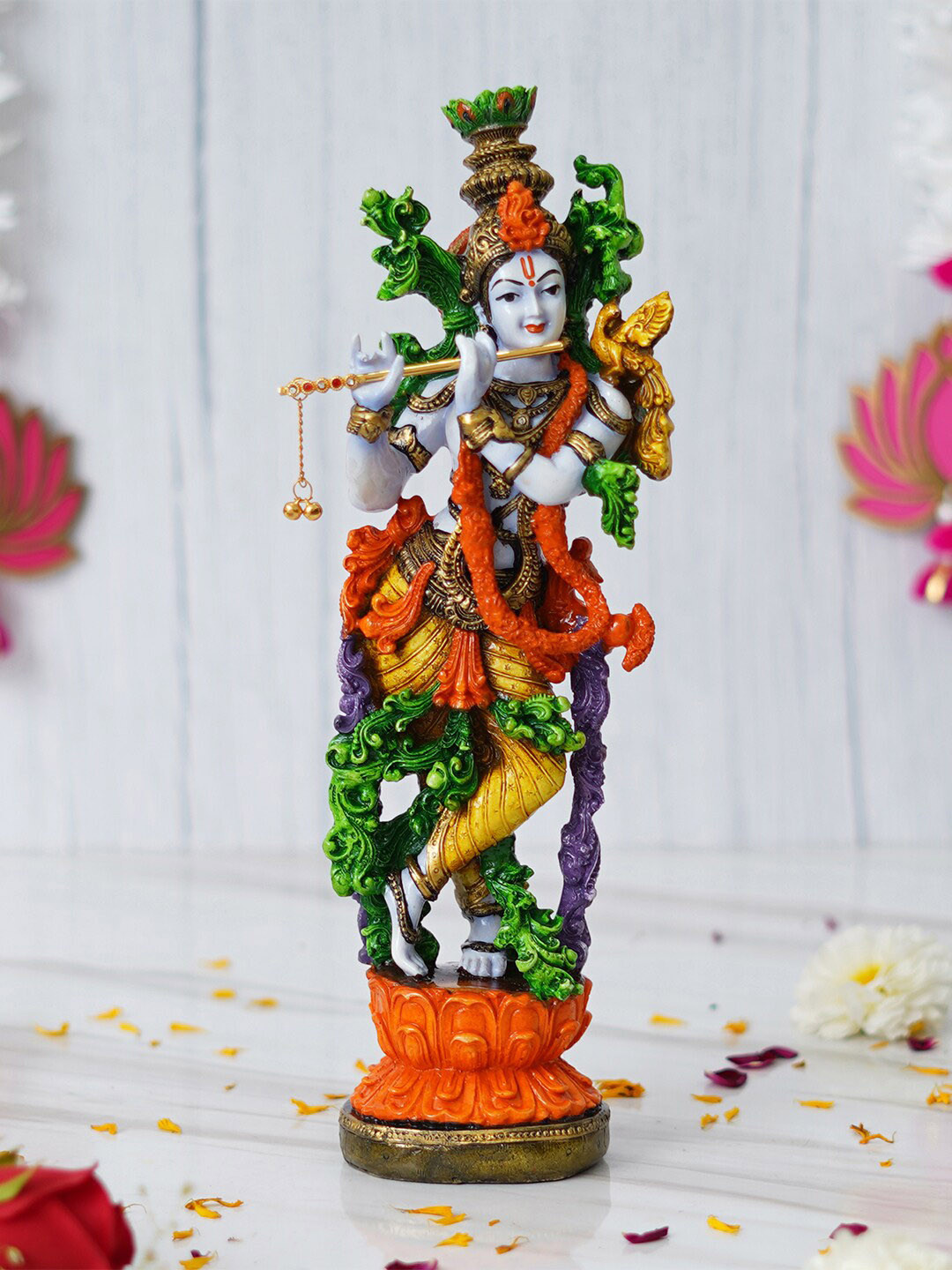 eCraftIndia Standing Lord Krishna Idol Playing Flute Green Polyresin Glossy Prayer Room Hand-Crafted Large Showpiece - 3.1 Inches