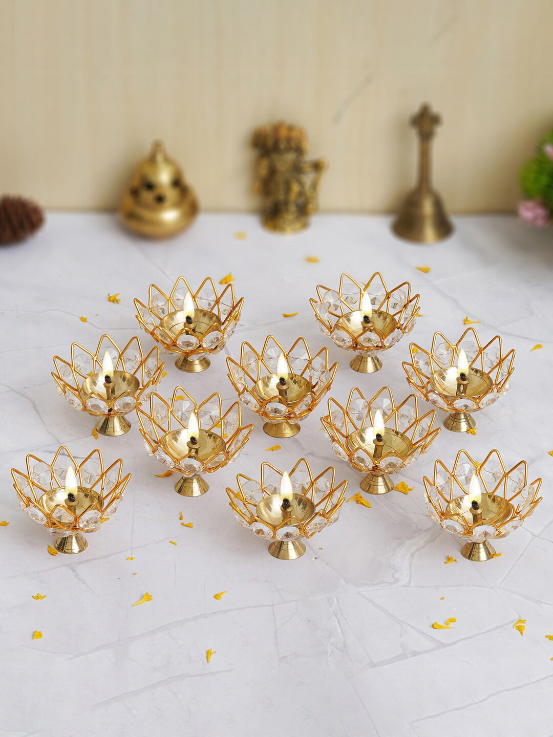 eCraftIndia Gold Toned 10 Pieces Lotus Shape Crystal Brass Diyas