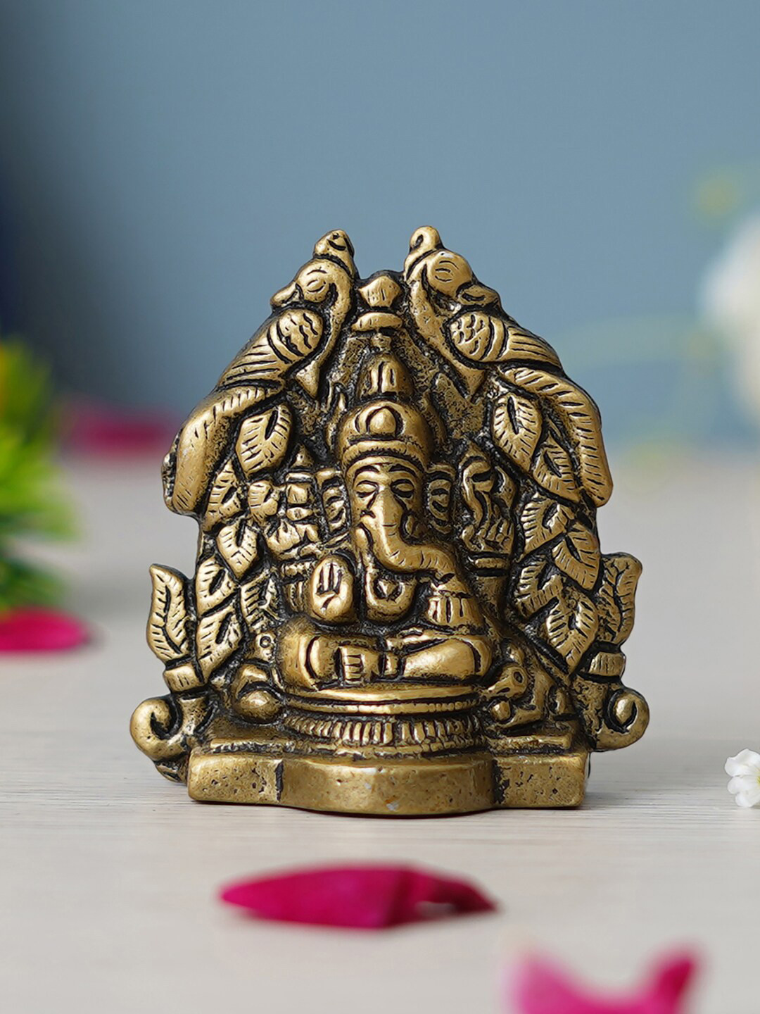 eCraftIndia Lord Ganesha On Peacock Design Throne Gold Metal Metallic Prayer Room Small Showpiece - 2.4 Inches