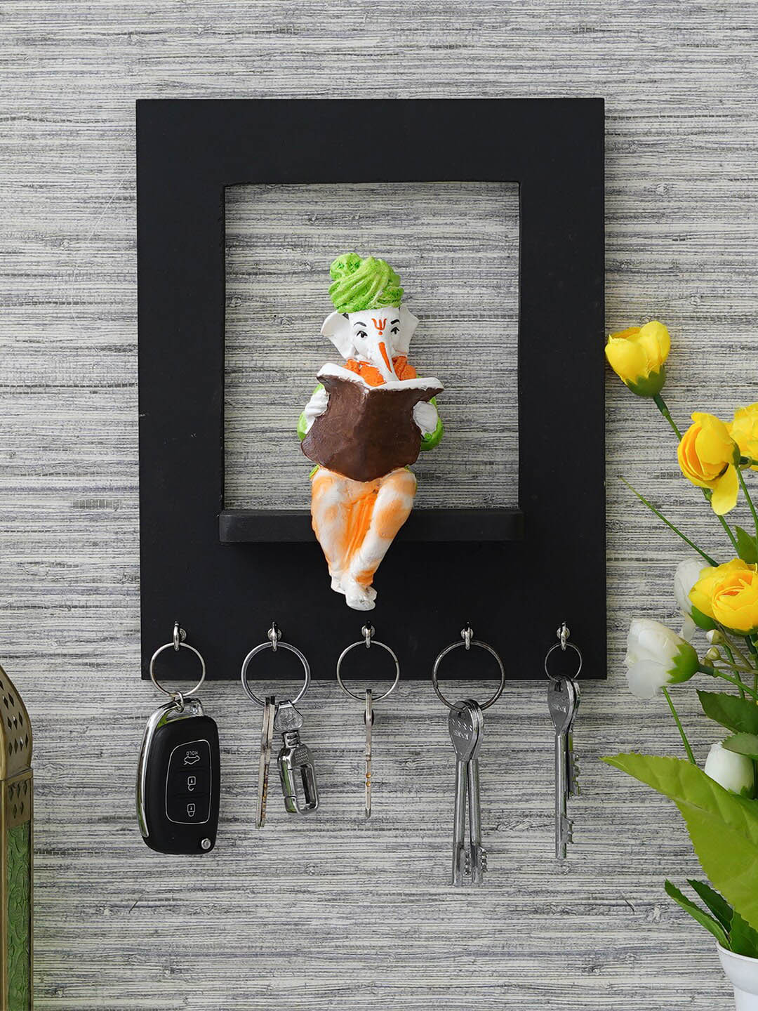 eCraftIndia Black Lord Ganesha Idol Reading Book 5 Hooks Wooden Key Holder