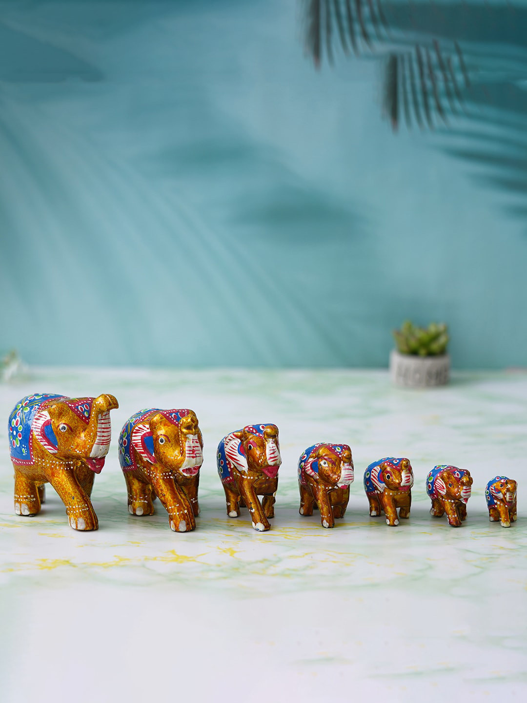 eCraftIndia Elephant Brown Polyresin Glossy Living Room Set of 7 Small Showpieces - 1.4 Inches
