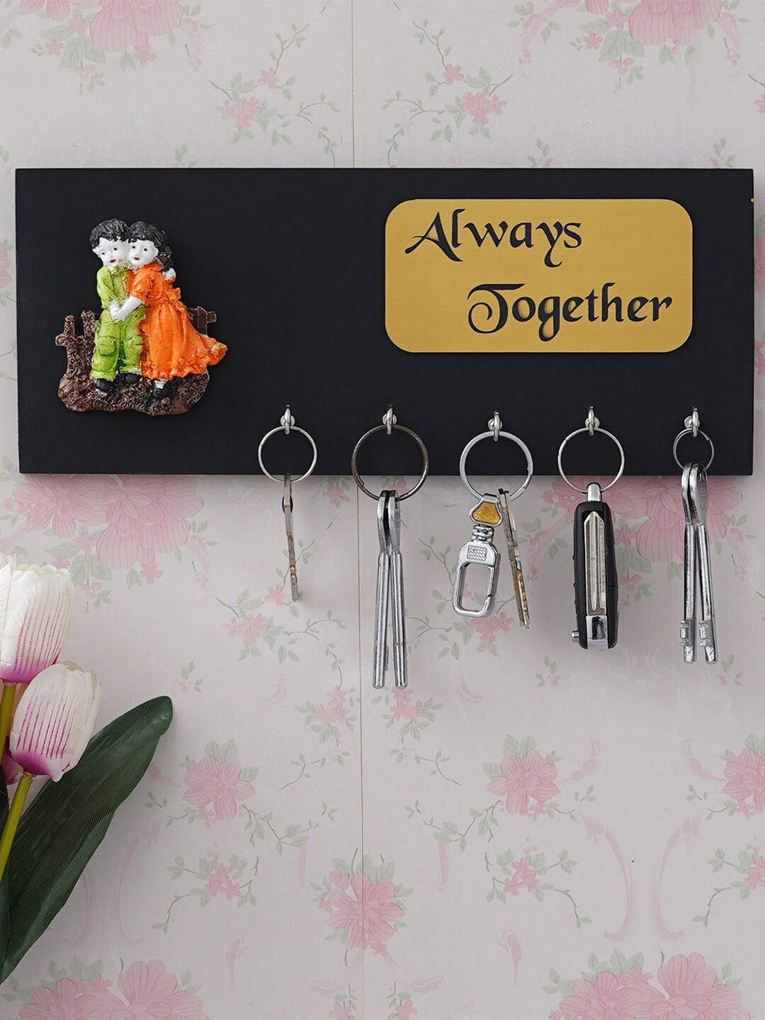 eCraftIndia Black Couple With Always Together Quote 5 Hooks Wooden Key Holder