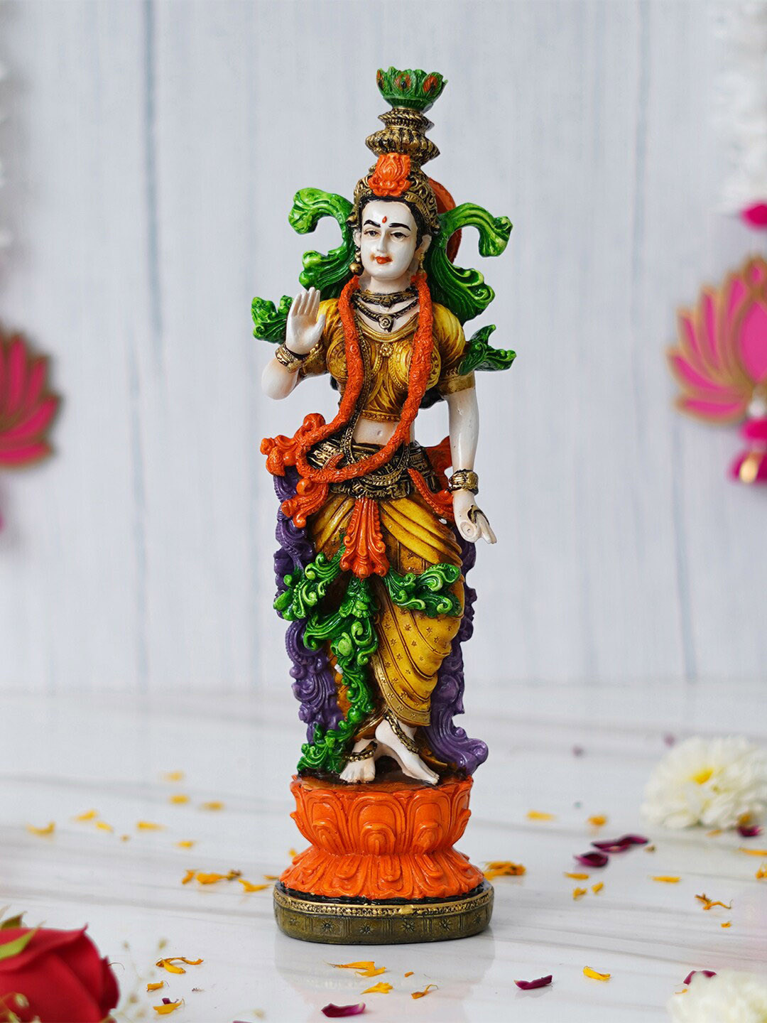 eCraftIndia Blessing Goddess Radha Yellow Polyresin Glossy Prayer Room Medium Showpiece - 13.4 Inches