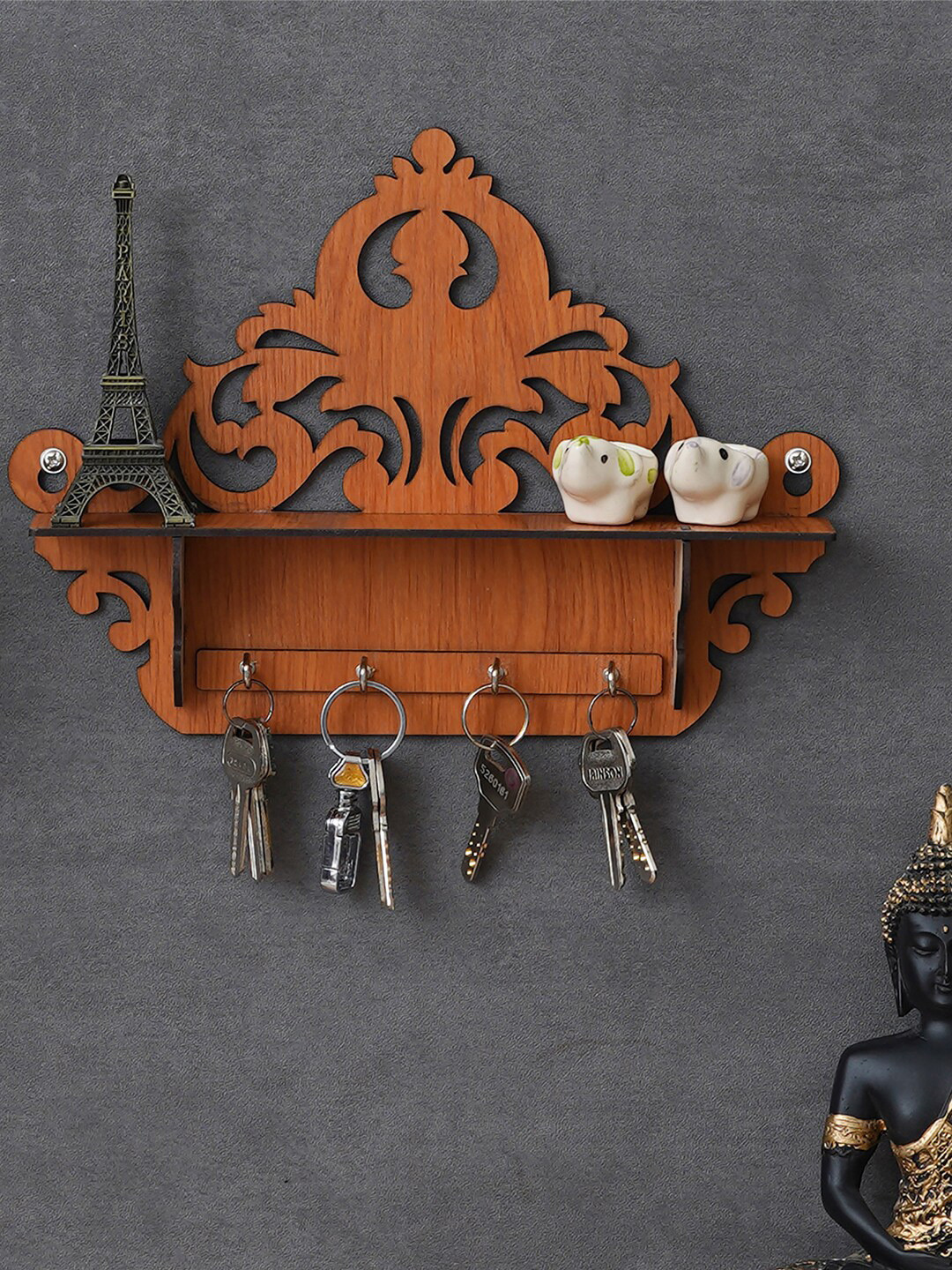 eCraftIndia Brown Decorative Carved 4 Hooks Wooden Key Holder With A Shelf