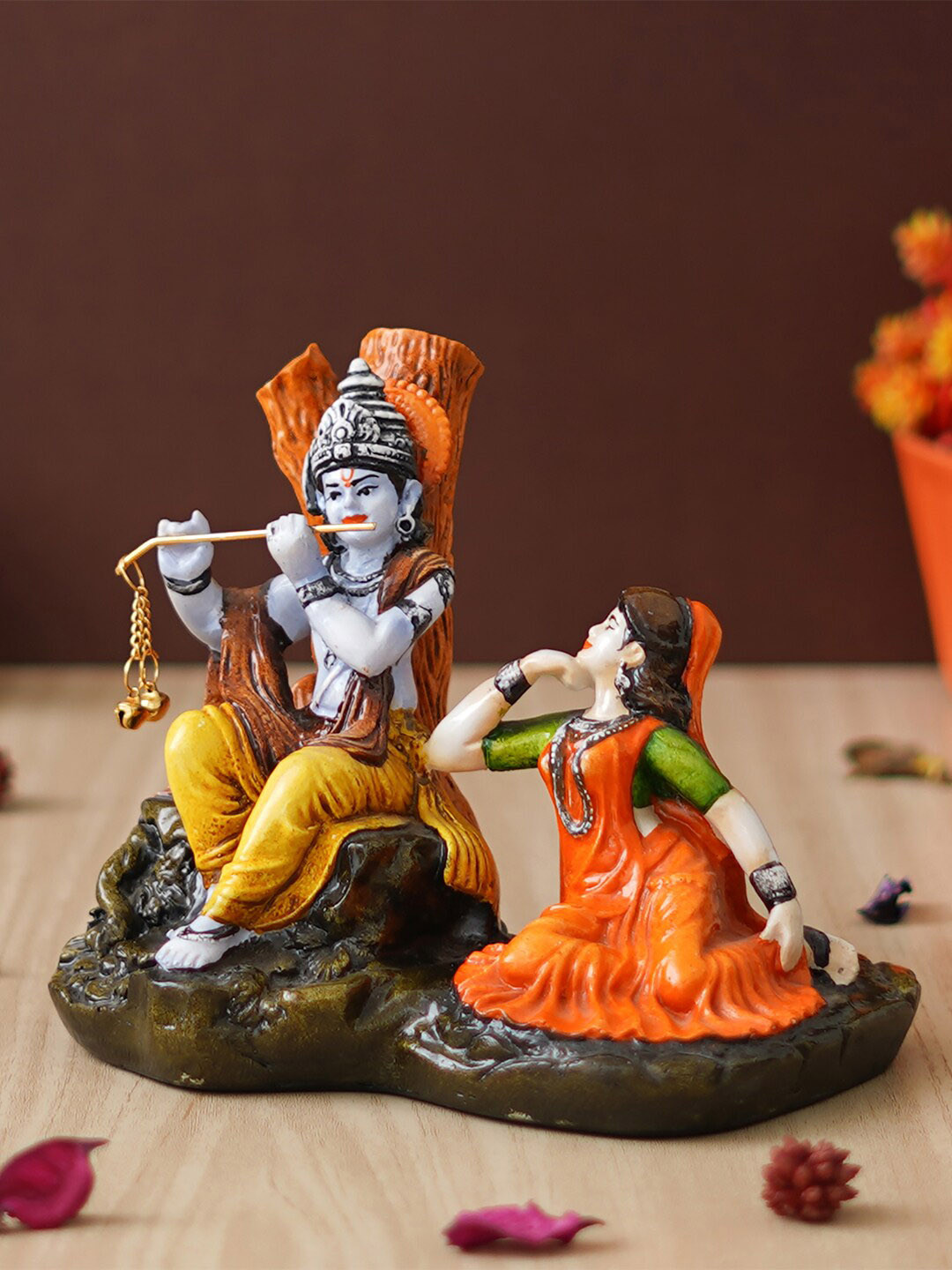 eCraftIndia Radha Krishna Playing Flute Orange Polyresin Natural Prayer Room Hand-Crafted Medium Showpiece - 5.9 Inches