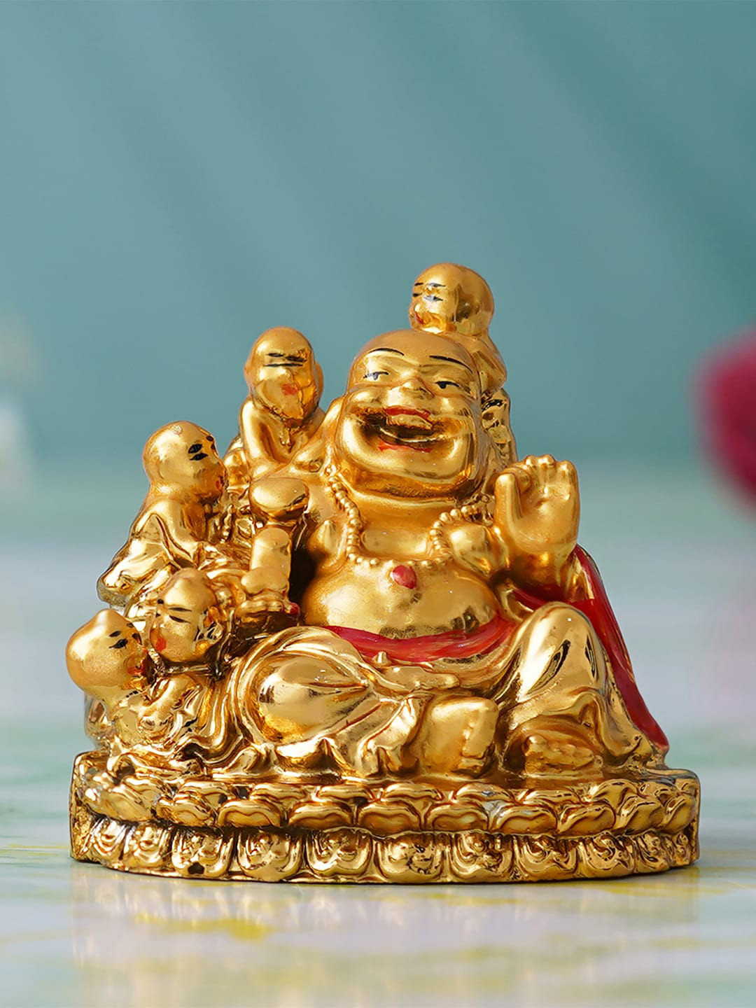 eCraftIndia Feng Shui Laughing Buddha Gold Polyresin Natural Home Office Medium Showpiece - 2.4 Inches