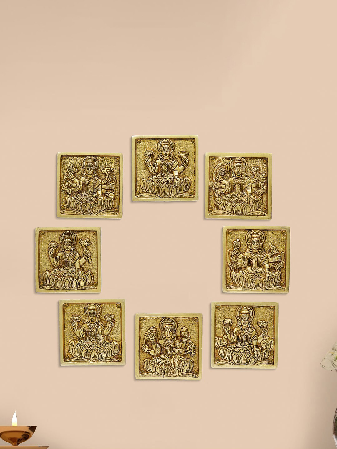 eCraftIndia Astha Lakshmi Gold Brass Metallic Prayer Room Set of 8 Medium Showpieces - 3.9 Inches