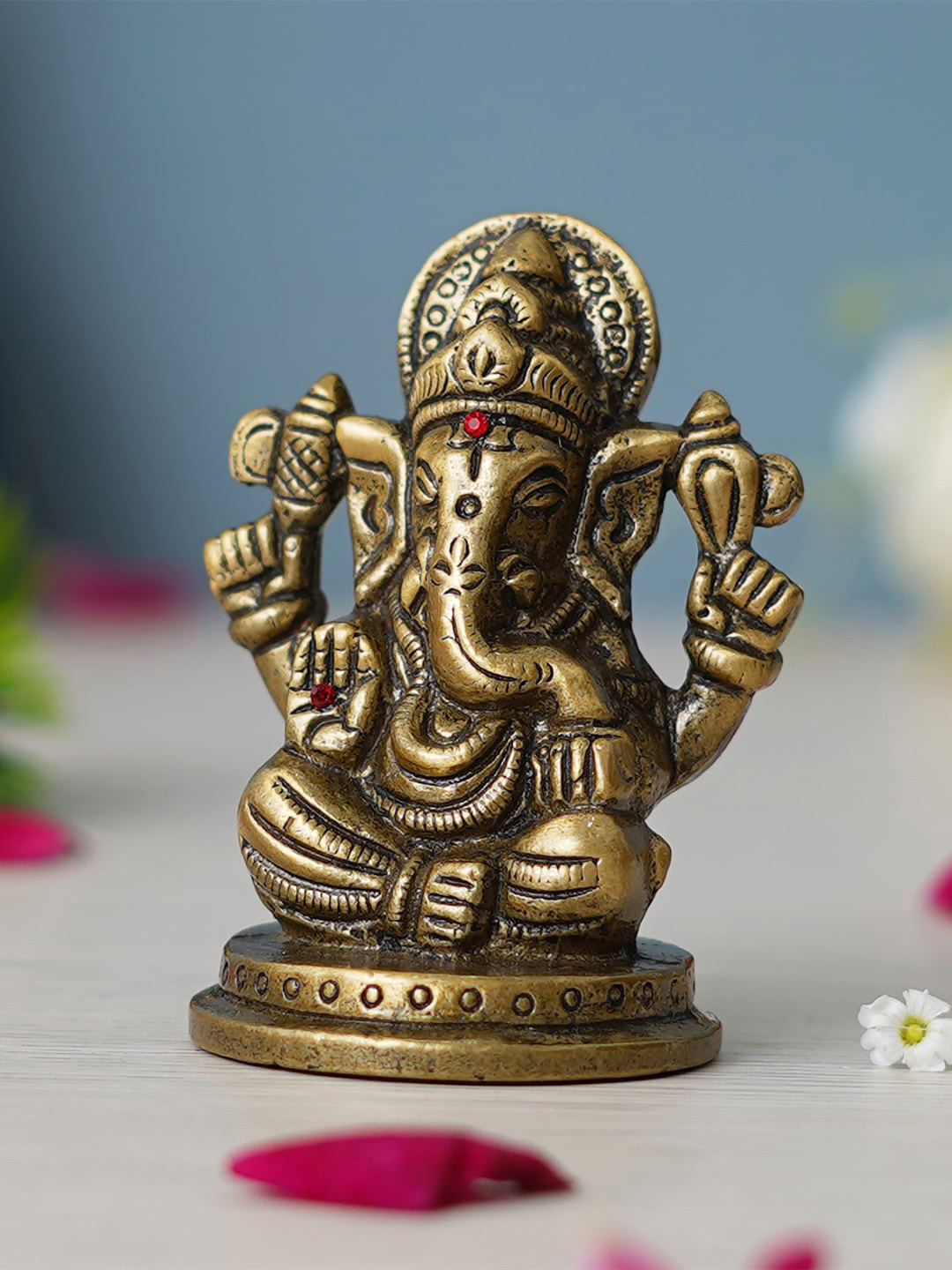 eCraftIndia Blessing Lord Ganesha Gold Metal Metallic Prayer Room Hand-Crafted Medium Showpiece - 3 Inches
