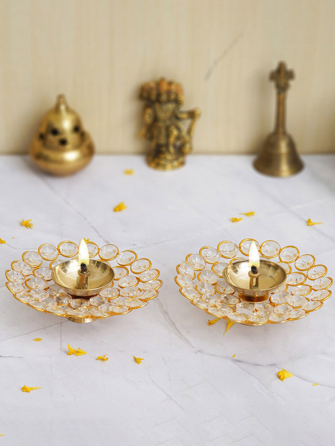 eCraftIndia Gold Toned 2 Pieces Bowl Shape Crystal Brass Diyas
