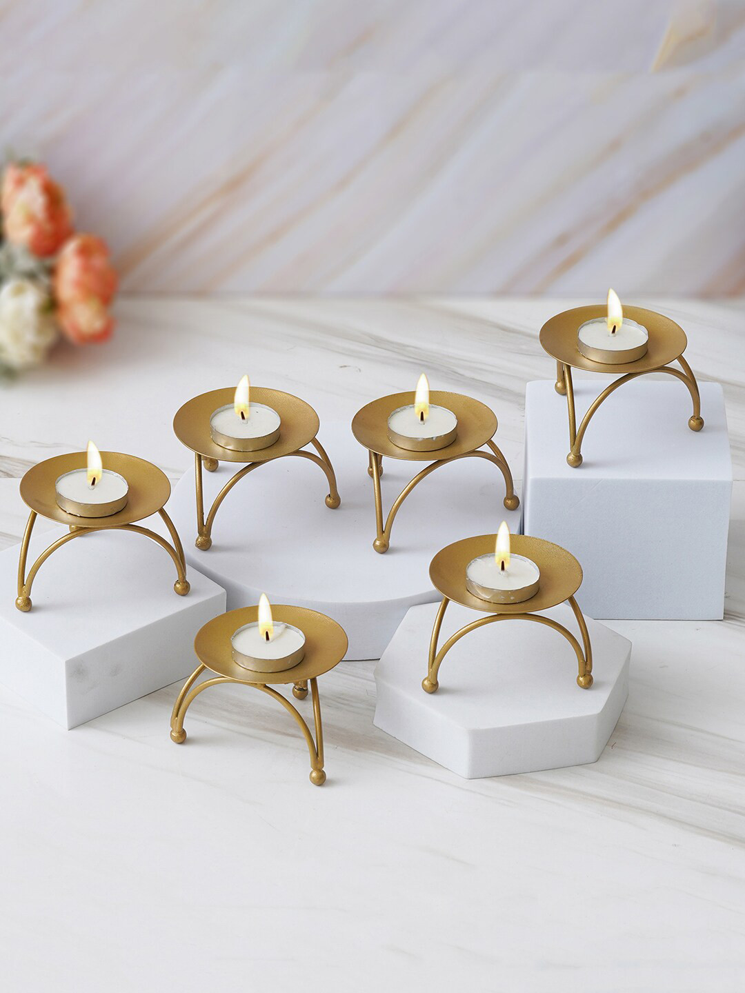eCraftIndia Gold Toned 6 Pieces Decorative Tea Light Candle Holder Stands