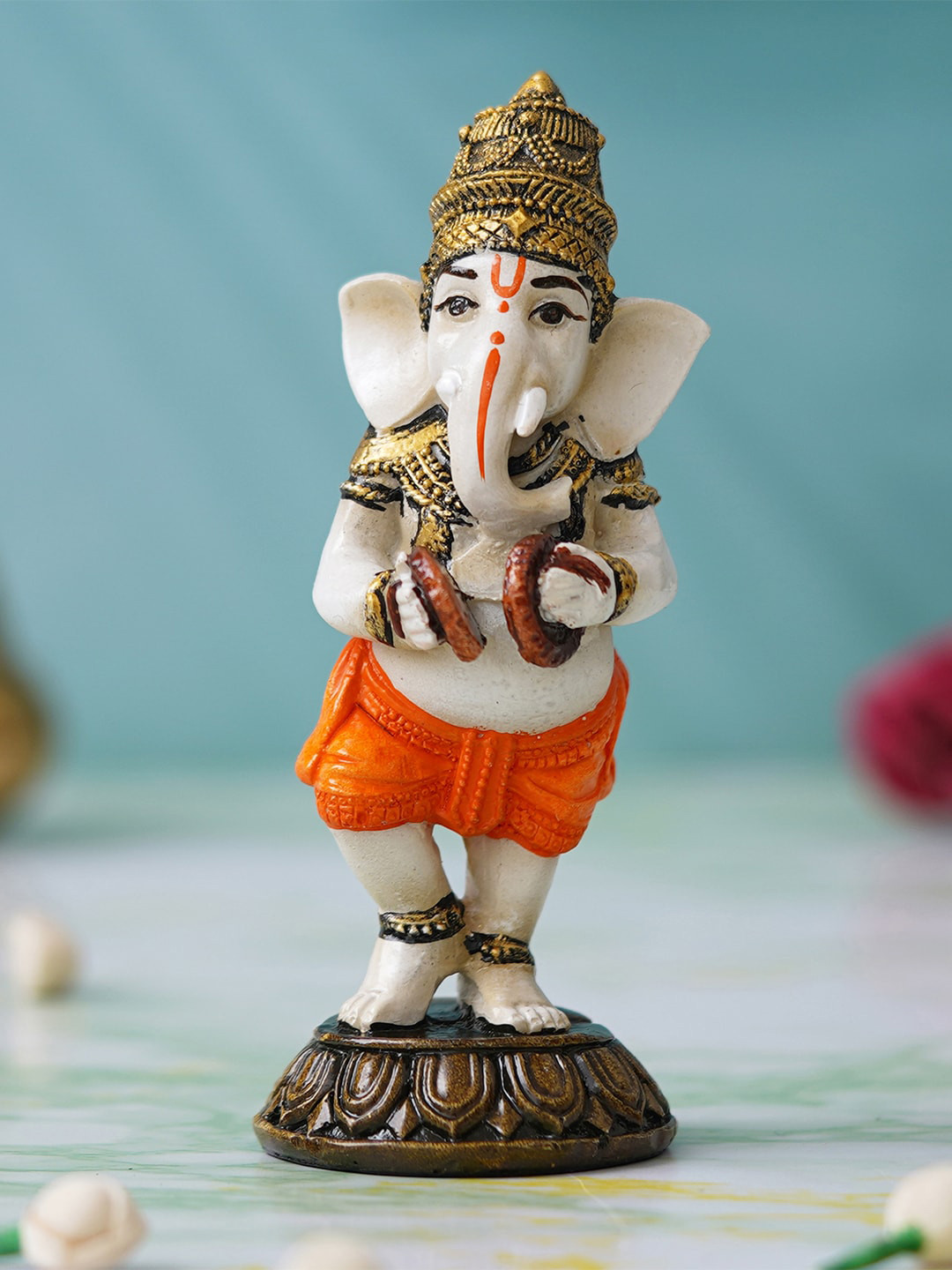 eCraftIndia Standing Lord Ganesha White Polyresin Glossy Prayer Room Music Medium Showpiece - 5.5 Inches