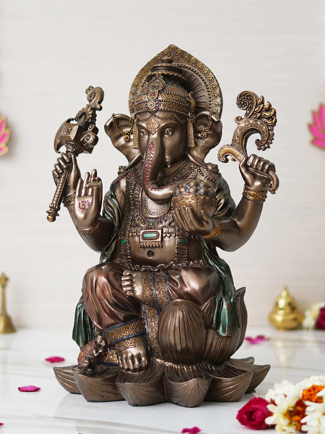 eCraftIndia Chaturbhuj Lord Ganesha Sitting on Lotus Flower Brown Polyresin Glossy Prayer Room Medium Showpiece - 9.4 Inches