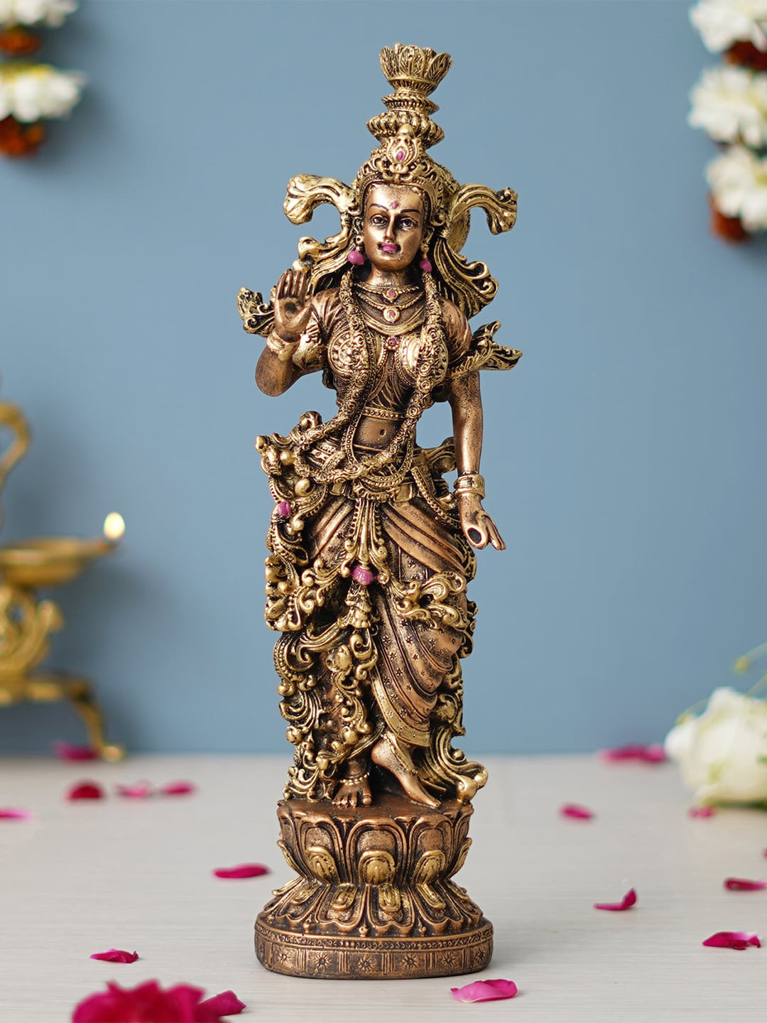 eCraftIndia Blessing Goddess Radha Gold Polyresin Natural Prayer Room Hand-Crafted Medium Showpiece - 3 Inches