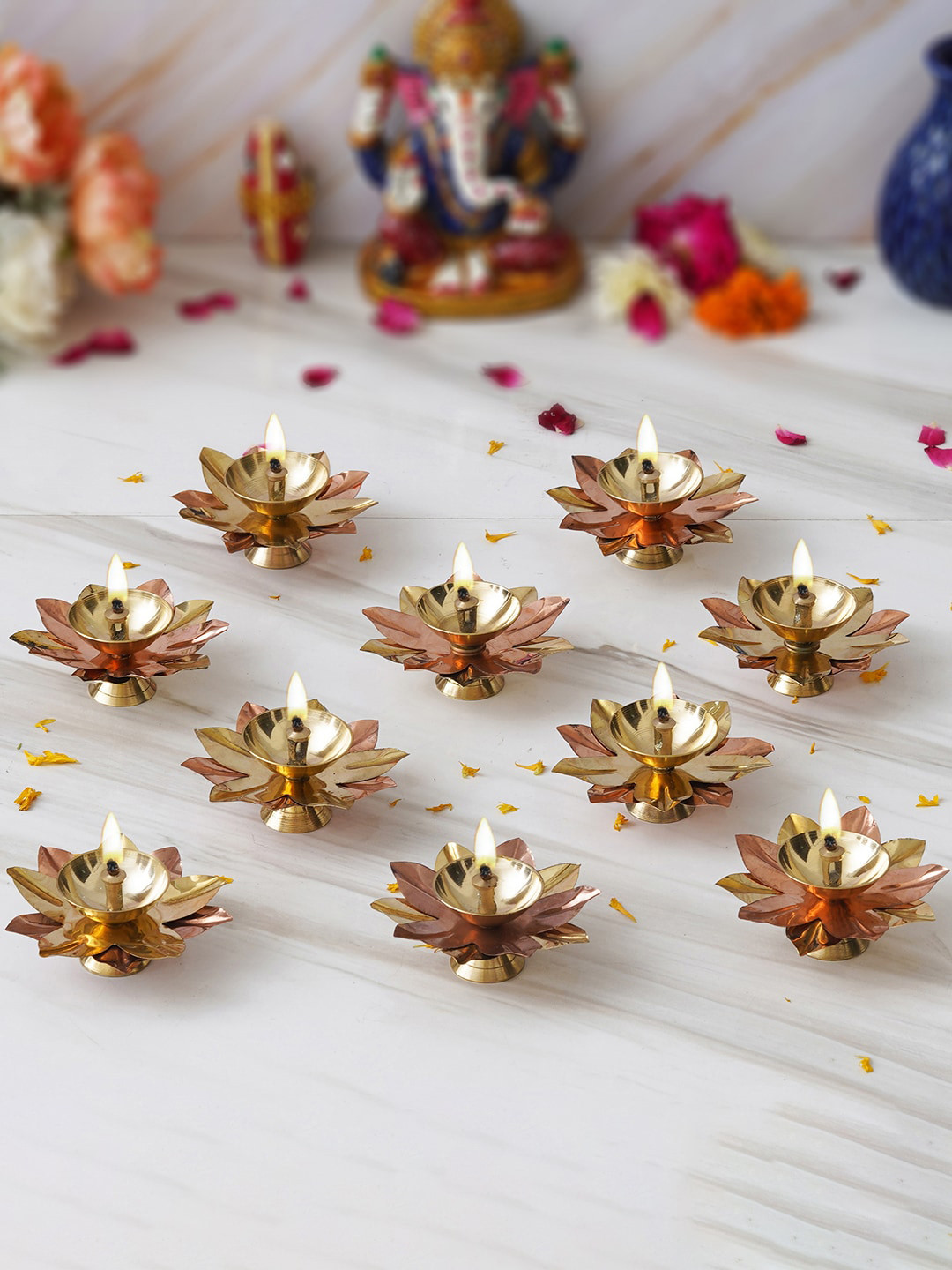 eCraftIndia Gold-Toned 10 Pieces Lotus Flower Shape Decorative Brass Diyas